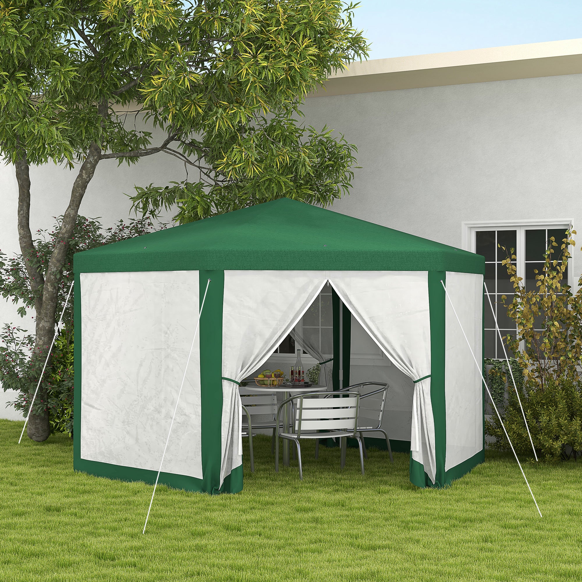 13' x 11' Outdoor Party Tent, Hexagon Sun Shade Shelter Canopy w/ Protective Mesh Sidewalls, Ropes & Stakes, Green