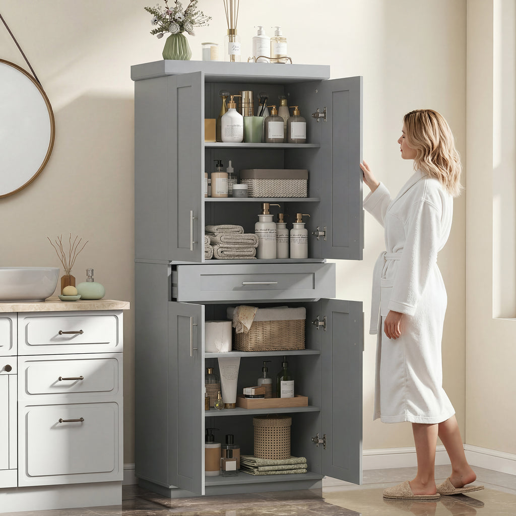 Modern Kitchen Pantry Freestanding Cabinet Cupboard with Doors and Drawer, Adjustable Shelving, Gray