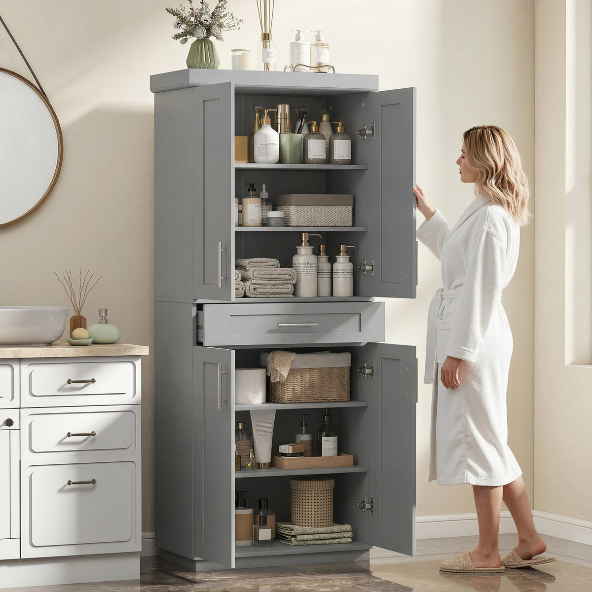 Modern Kitchen Pantry Freestanding Cabinet Cupboard with Doors and Drawer, Adjustable Shelving, Gray