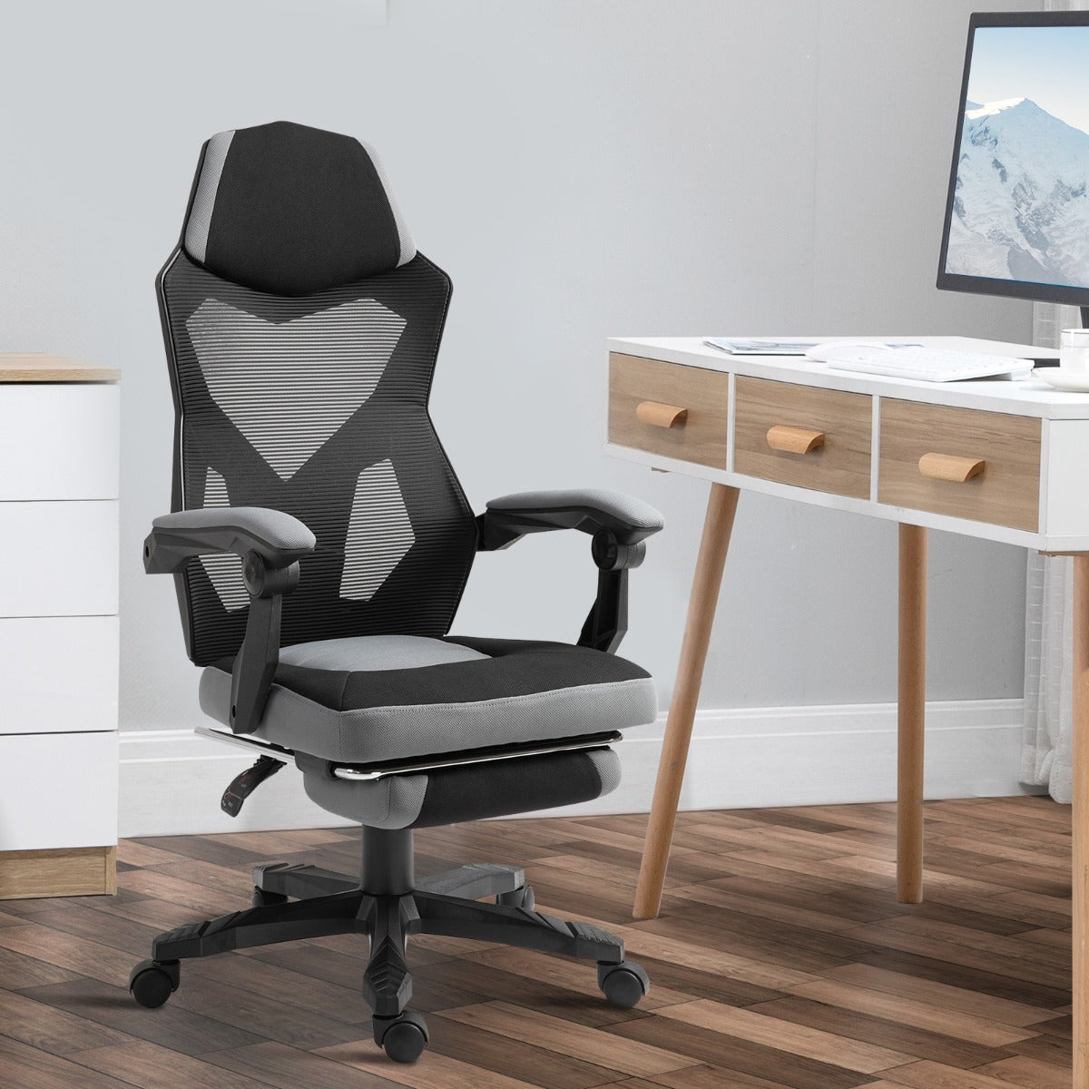 Home Office Chair Adjustable Height Recliner with Retractable Footrest, Mesh Back - Gray