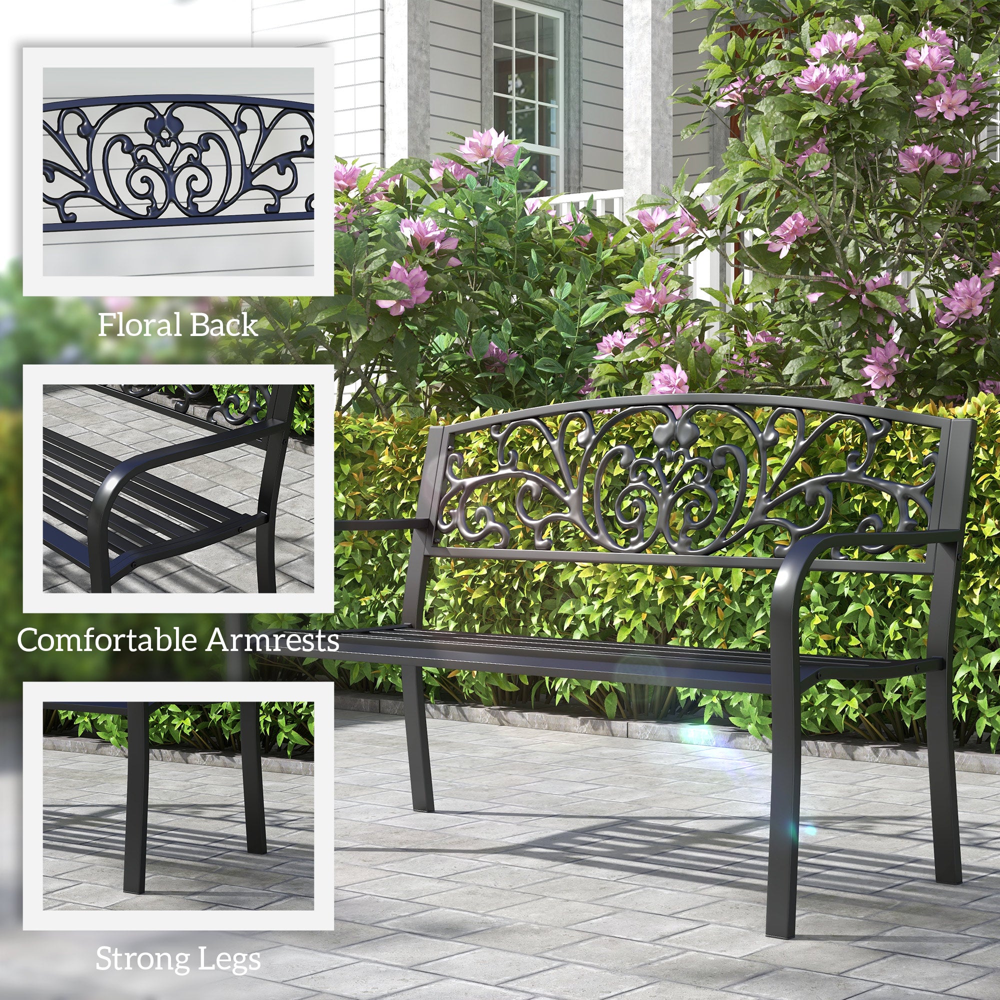 50" Blossoming Pattern Garden Decorative Patio Park Bench with Beautiful Floral Design & Relaxing Comfortable Build