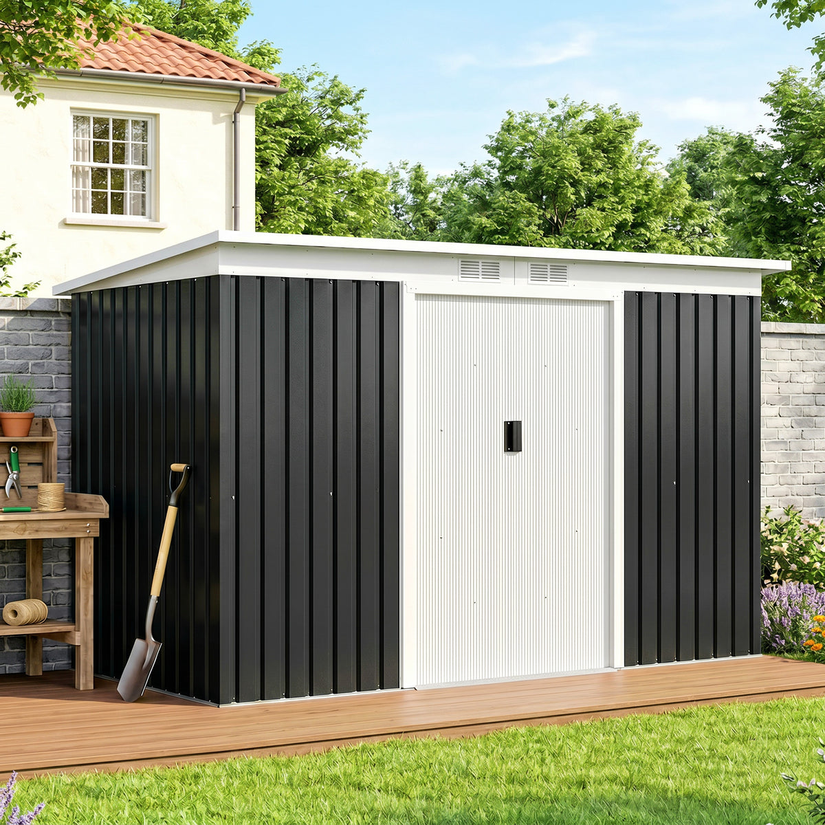 9' x 4' Metal Outdoor Storage Shed, Tool House with Double Lockable Doors for Backyard, Patio, Lawn, Garage, Dark Gray