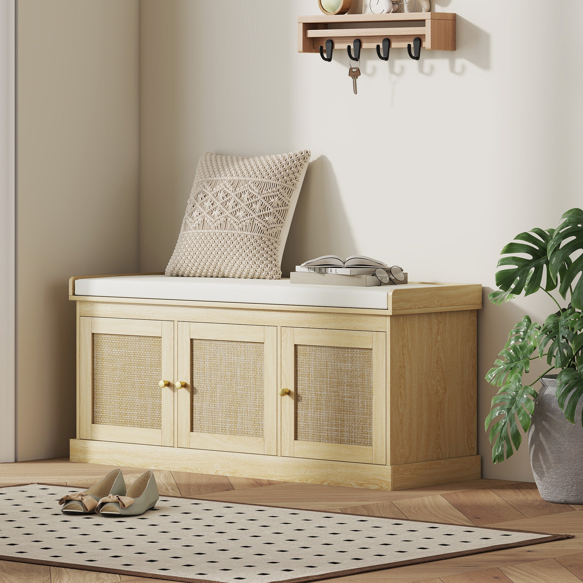Shoe Storage Bench with Woven Rattan Doors, Shoe Bench with Cushion, Adjustable Shelves, Entryway Bench, Oak Tone