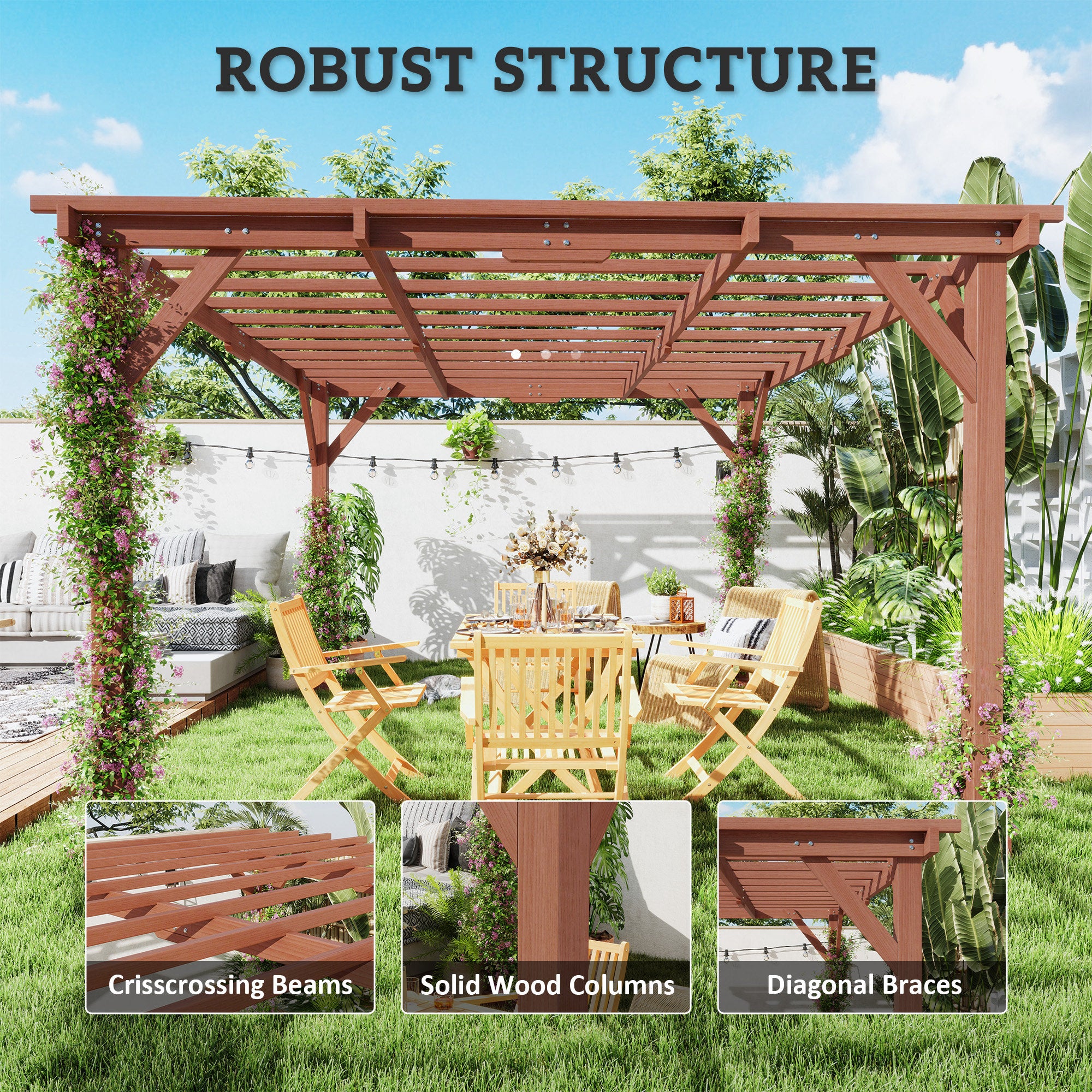 11' x 12.5' Outdoor Wood Pergola with Grape Trellis for Patio, Deck, Backyard, Lawn