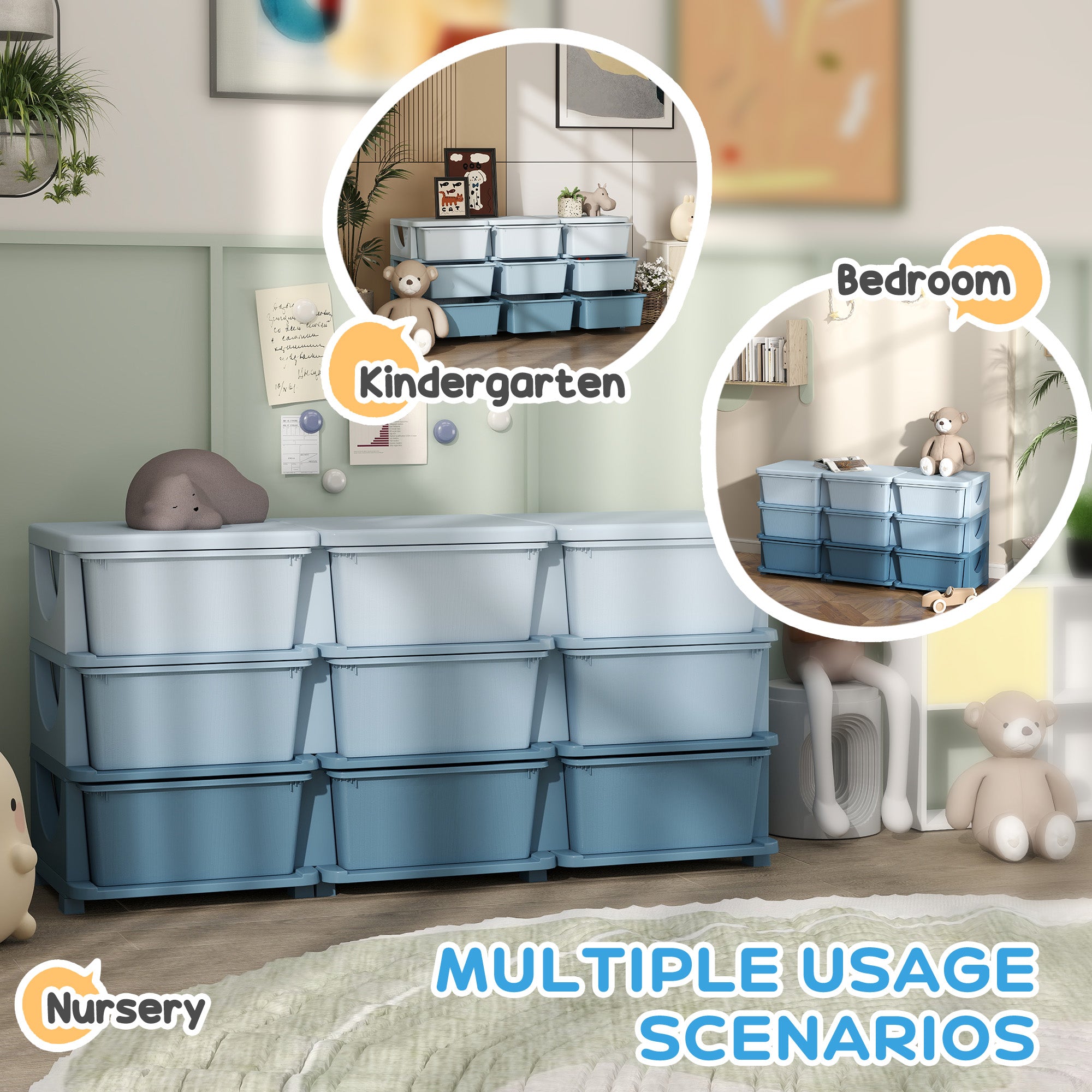 29.5" 3 Tier Kids Storage Unit Dresser Tower w/ 9 Drawers, Blue