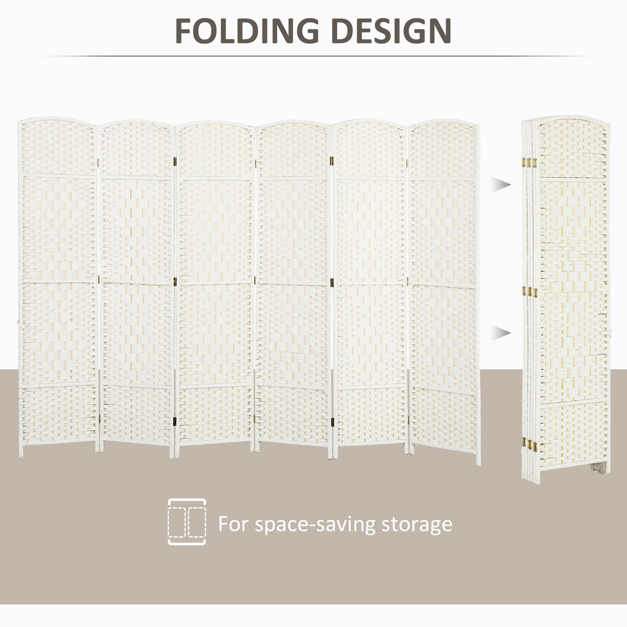 Folding Room Divider Screen 6 Panel 6' Tall Privacy Screen Freestanding Wood Partition for Home Office, White