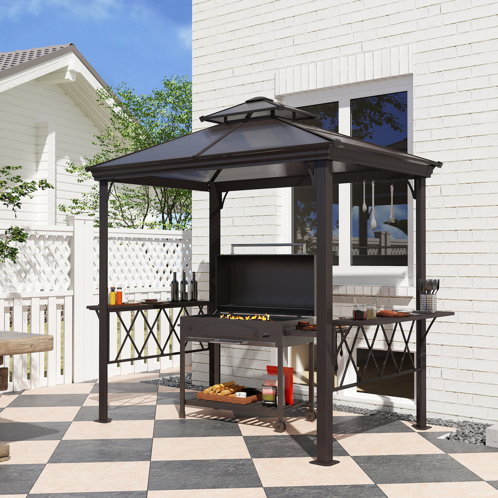 Outside Porch BBQ Cooking Pergola Canopy with 6 Hooks for Utensils and Double Venting Roof, Coffee