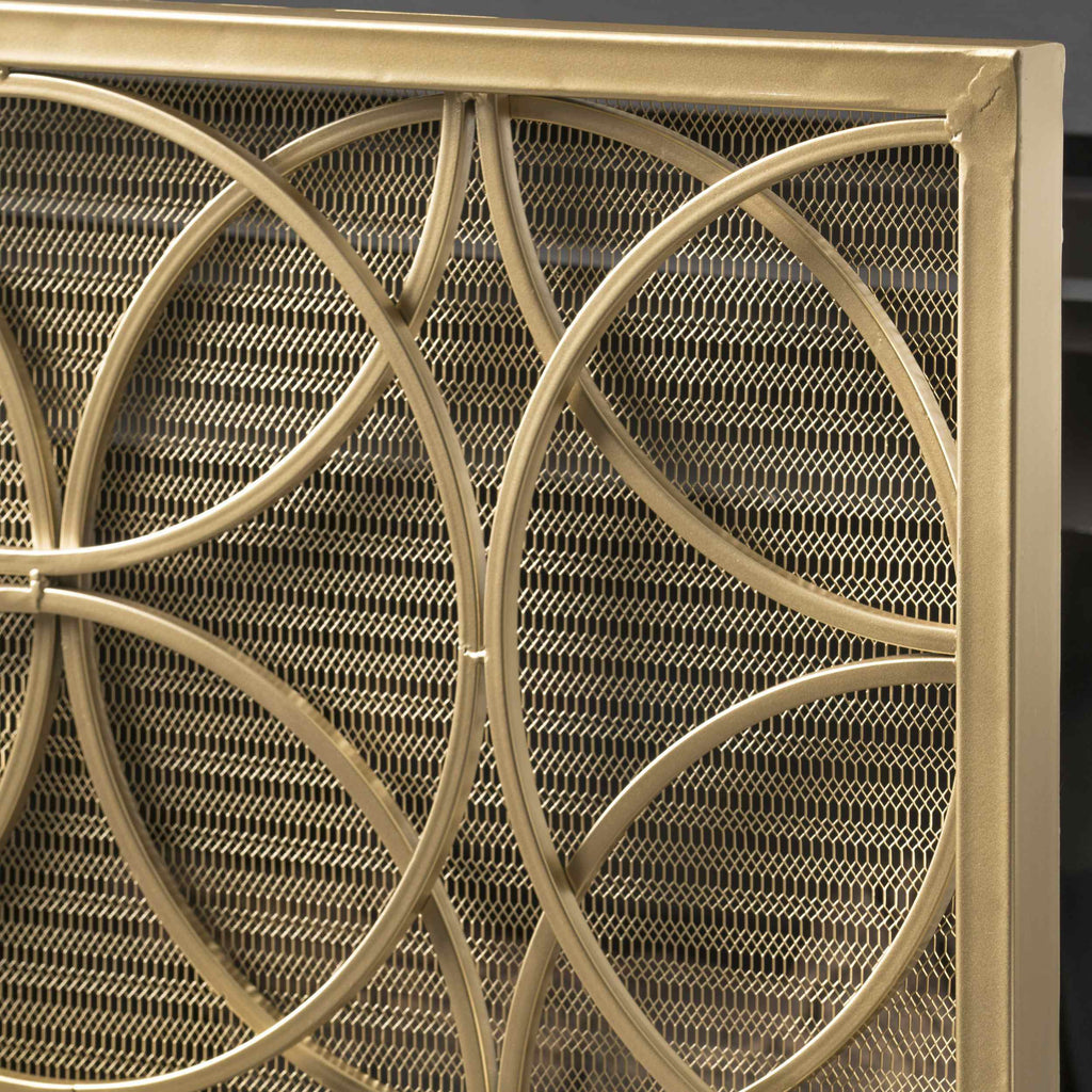 Stylish Single Panel Iron Fireplace Screen With Durable Iron Frame, Modern Overlapping Circle Design, 41.1" L x 9.25" W x 31.1" H, Gold