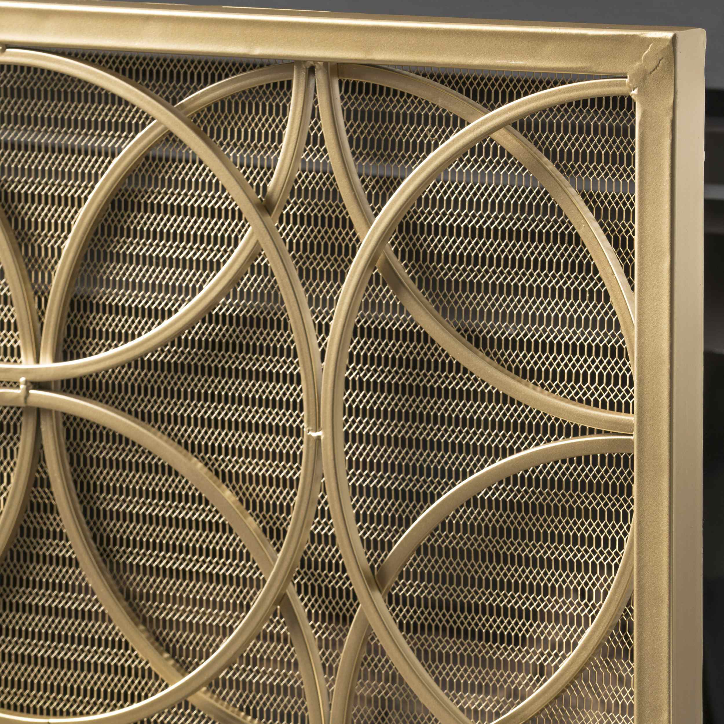 Stylish Single Panel Iron Fireplace Screen With Durable Iron Frame, Modern Overlapping Circle Design, 41.1" L x 9.25" W x 31.1" H, Gold