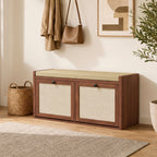 Shoe Storage Bench with Padded Seat, Shoe Storage Bench 2 Rattan Doors for Entryway, Brown