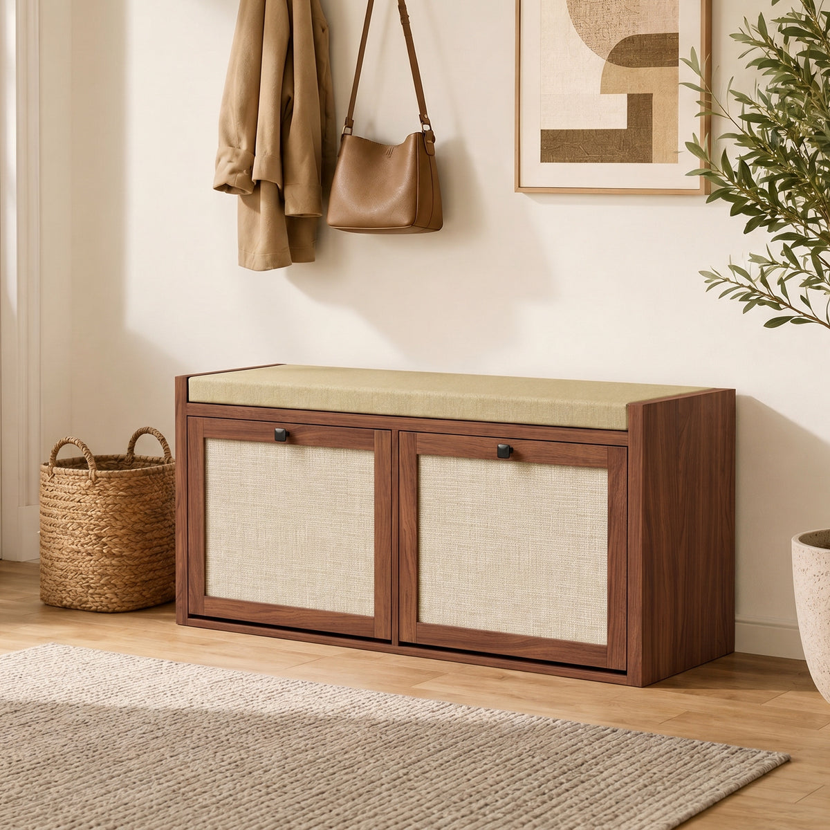 Shoe Storage Bench with Padded Seat, Shoe Storage Bench 2 Rattan Doors for Entryway, Brown