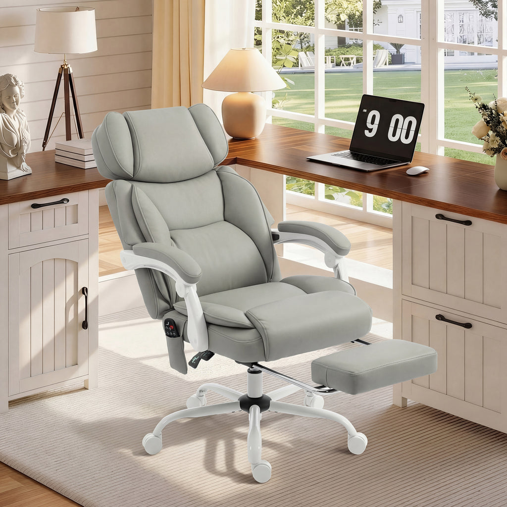 High Back Vibration Massage Office Chair Heated Reclining Computer Chair w/ Footrest, Swivel Wheels, Remote, Light Gray
