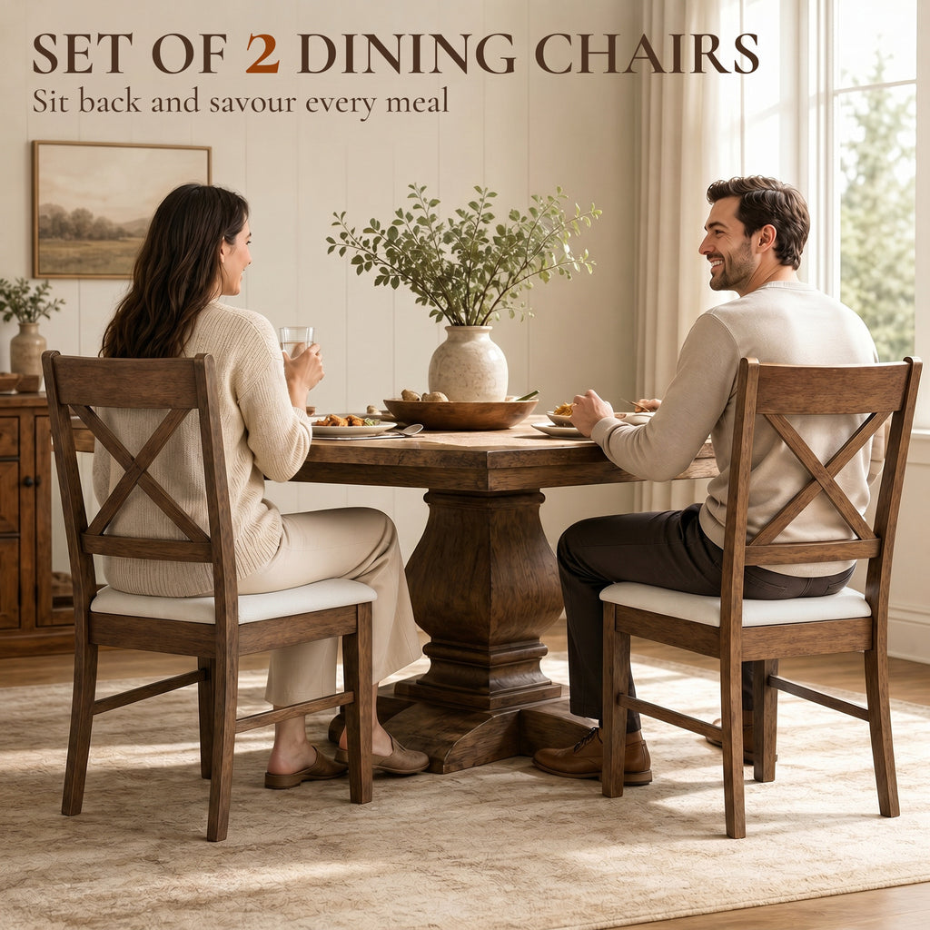 Dining Chairs Set of 2, Upholstered Kitchen Chairs with Rubberwood Frame, Padded Seat and X-Back, Walnut