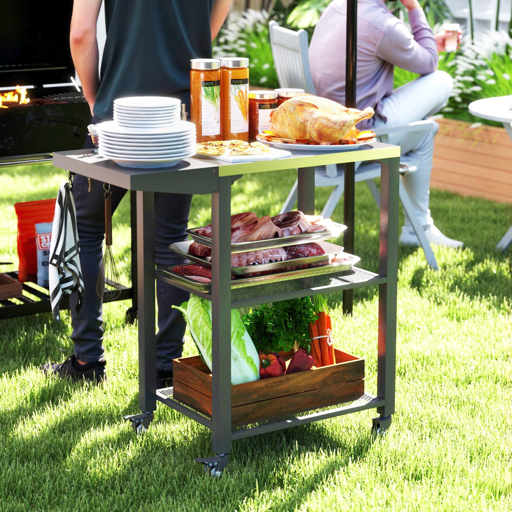 Three-Shelf Outdoor Grill Cart Table with Foldable Side Table, Stainless Steel Top Pizza Oven Stand with Hooks, Silver