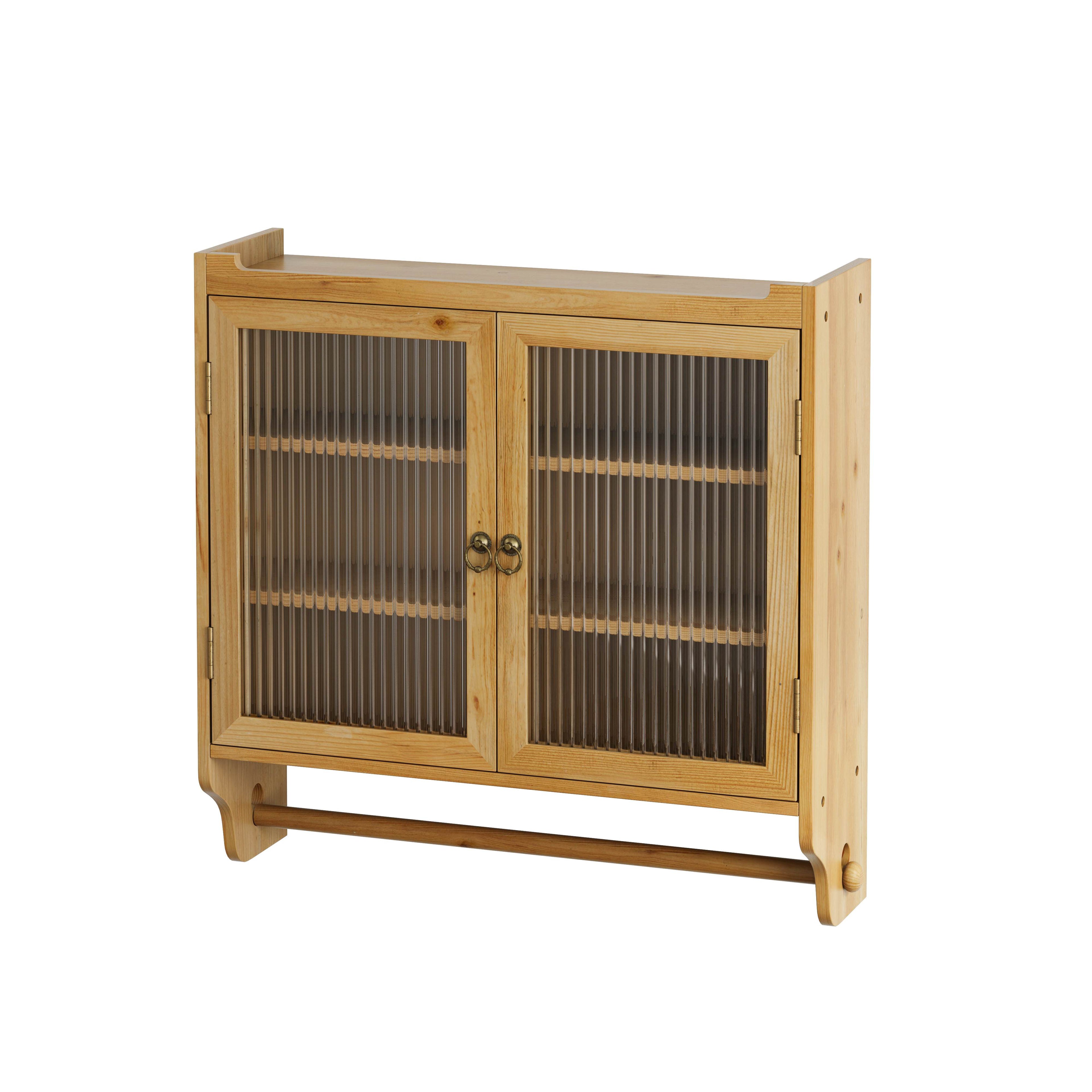 Vintage Double Door Wall Cabinet with Glass Doors, Three Tiers of Storage, and Towel Rack for Bathroom, Kitchen, Dining Room, 24.8", Natural