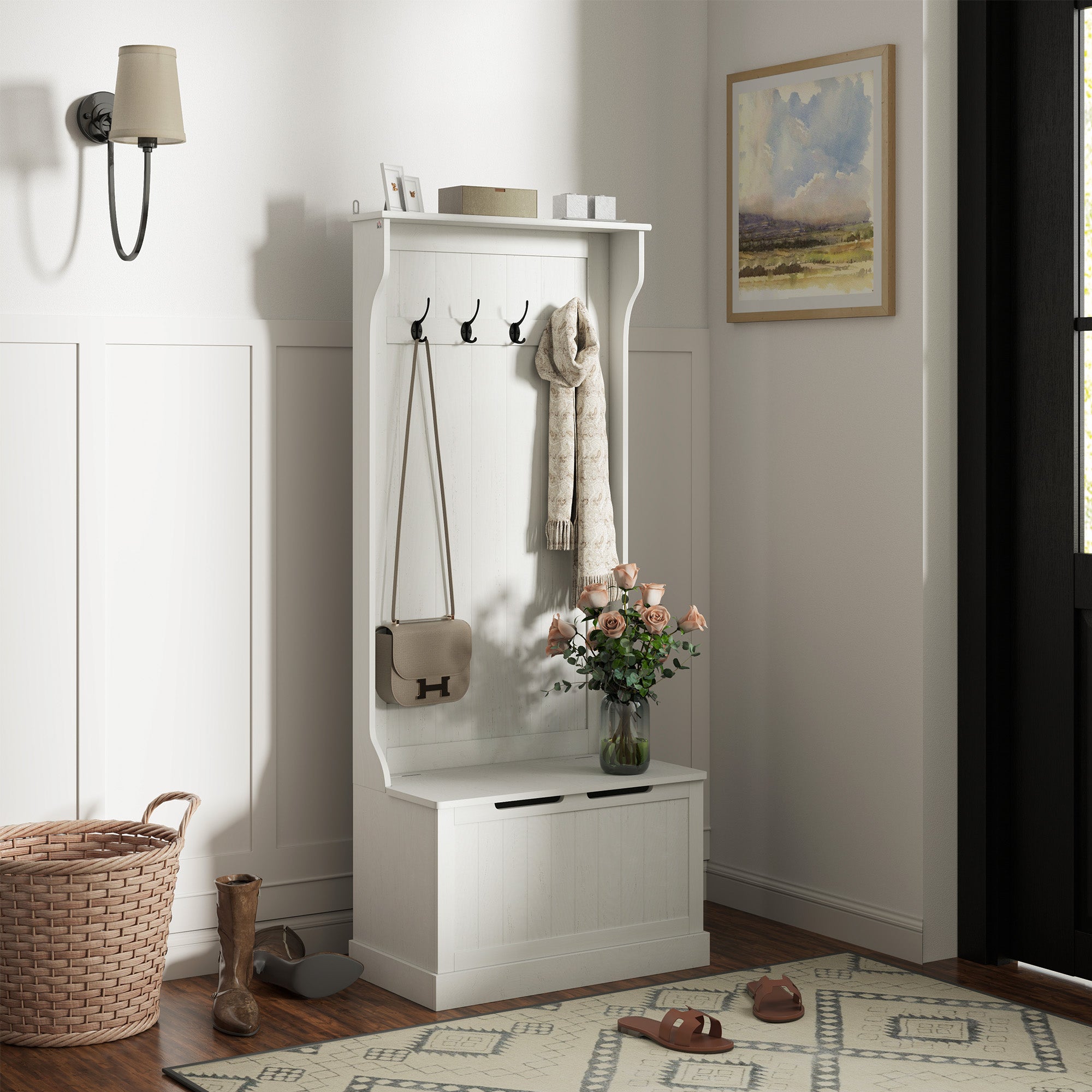 Hall Tree with Coat Rack, Storage, and Sitting Bench, Cream White