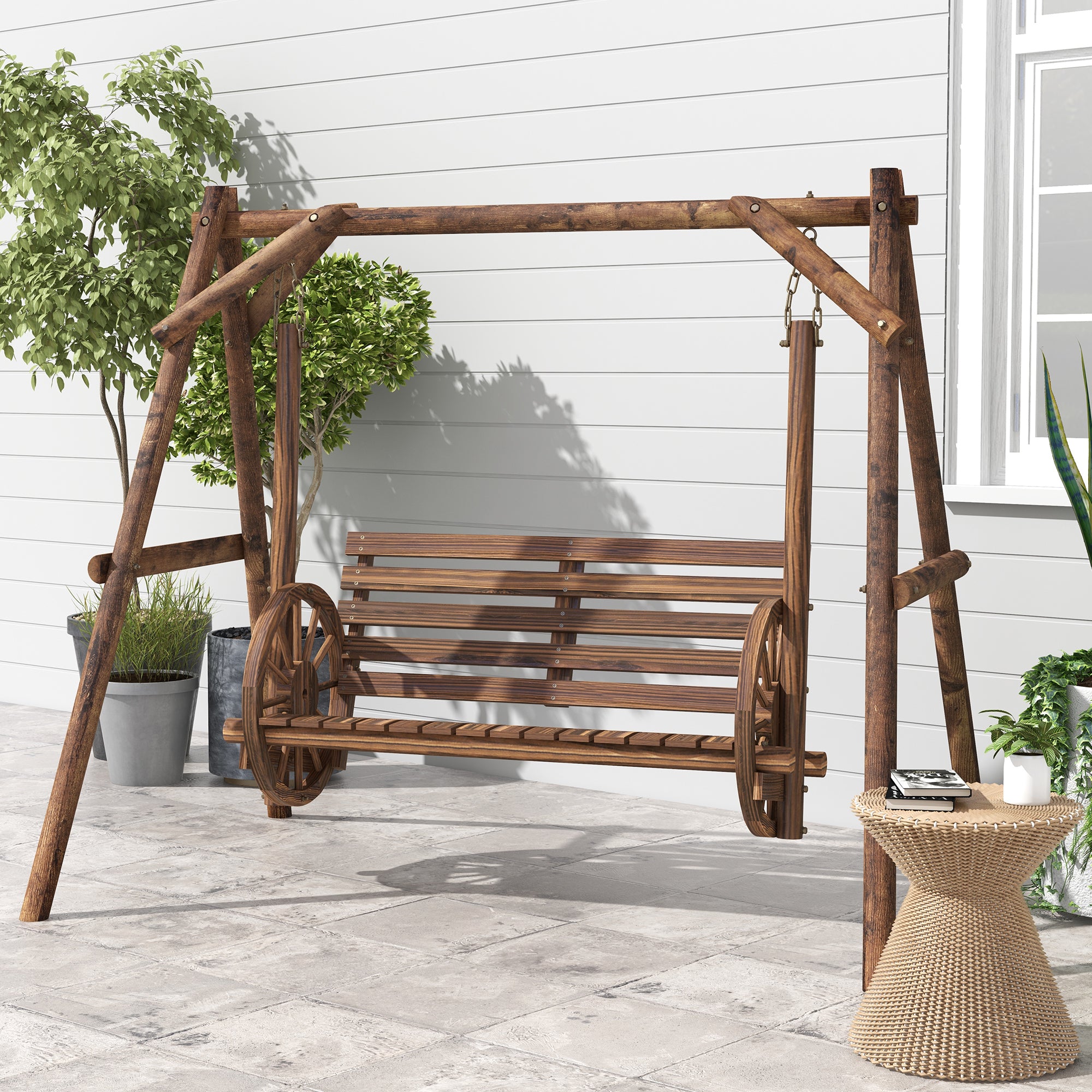 2-Seat Porch Swing with A-Frame Stand, Wooden Log Patio Swing Chair Bench with Wagon Wheel Armrests, Carbonized Brown