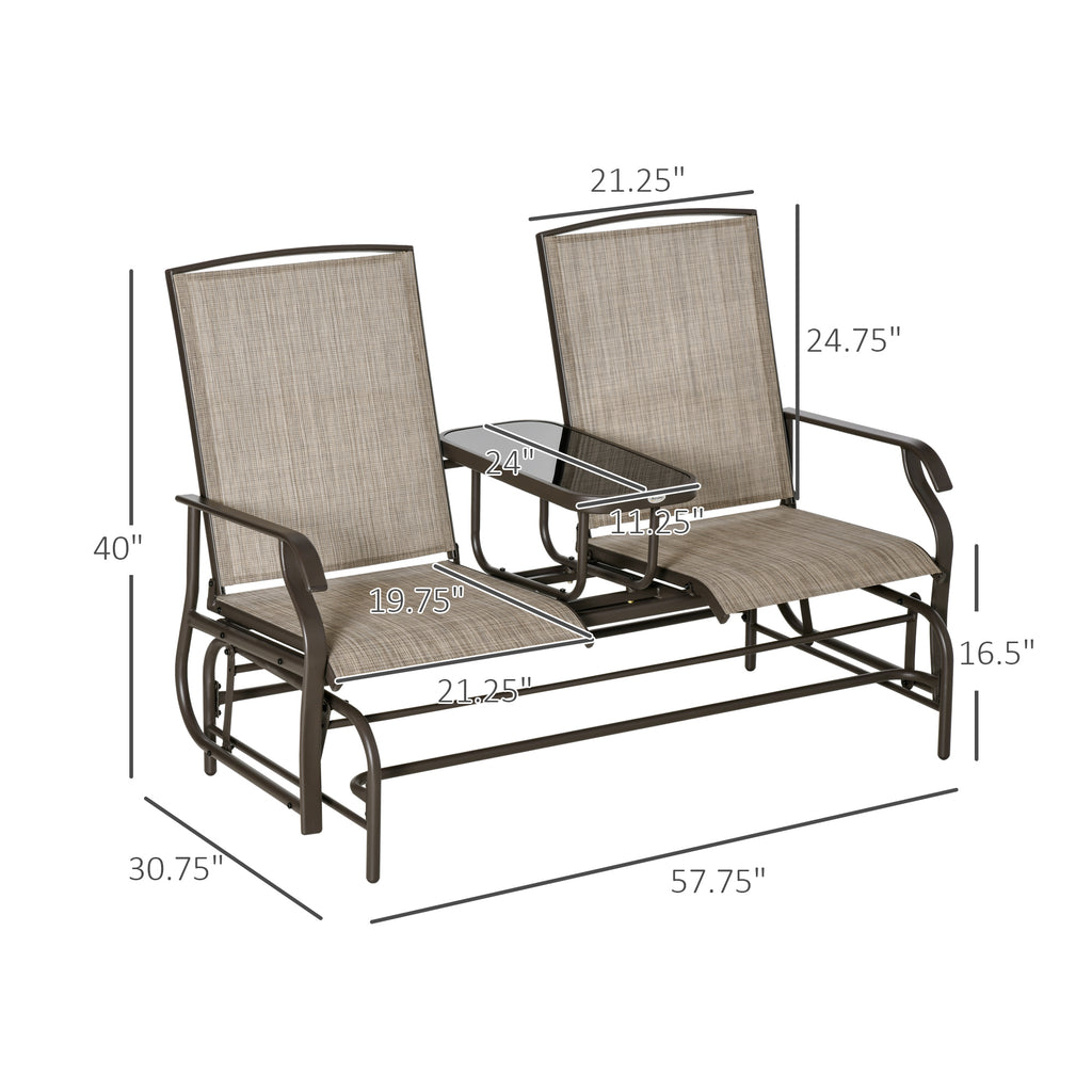 Outdoor Glider Bench with Center Table, Metal Frame Patio Loveseat with Breathable Mesh Fabric and Armrests for Backyard Garden Porch, Brown