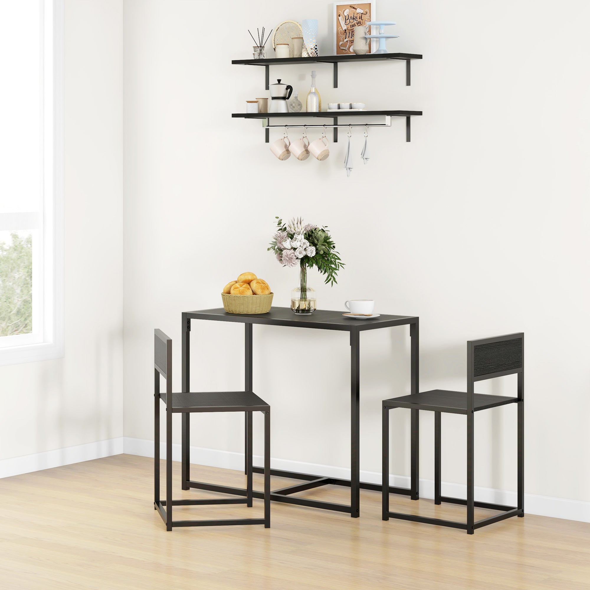3-Piece Dining Room Set, Industrial Kitchen Table Set with Rectangular Table and 2 Dining Chairs, Black