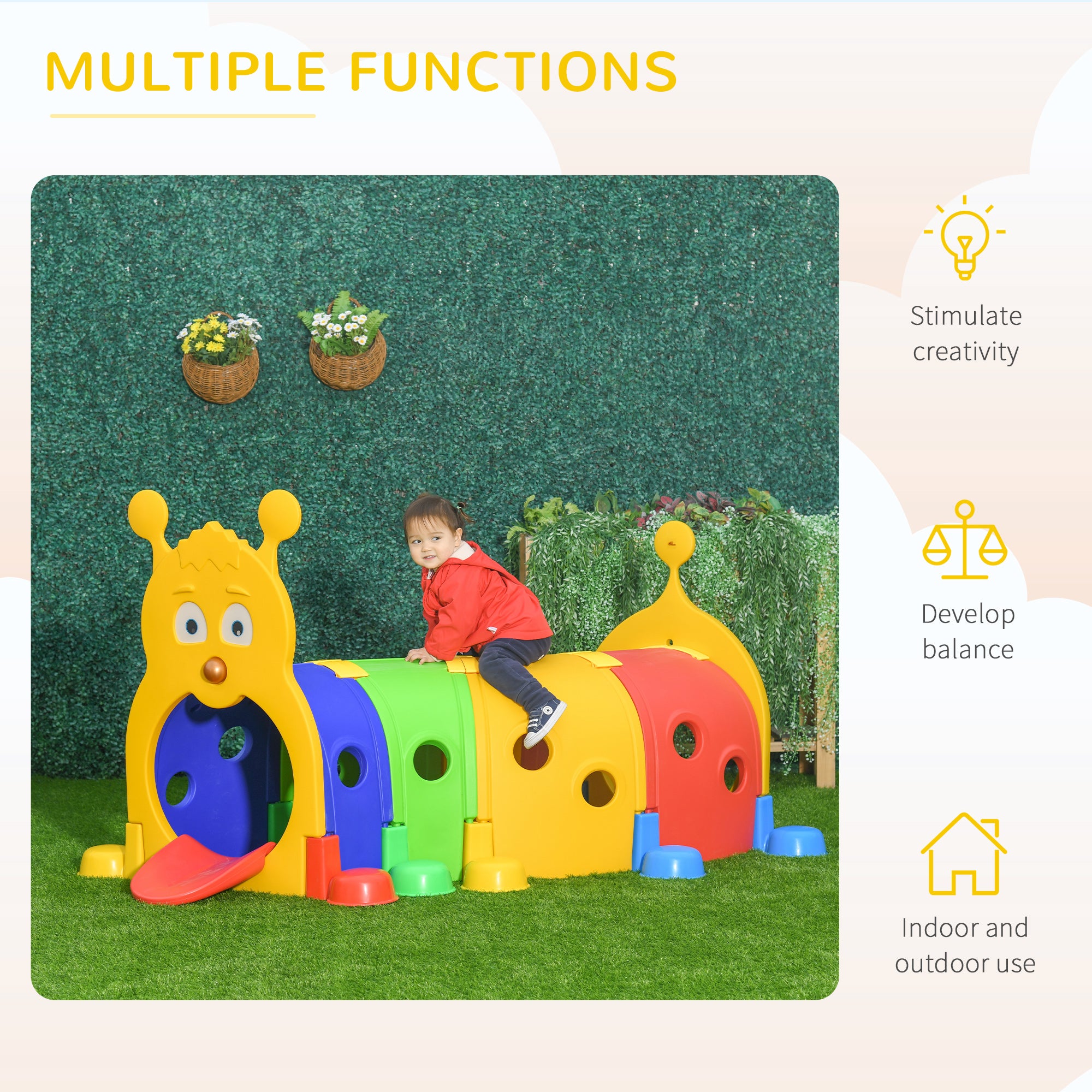 Caterpillar Play Tunnel, Toddler Tunnel for Kids Crawl and Climb Through, Kids' Play Structure Indoor Outdoor, 4 Sections, Multicolored