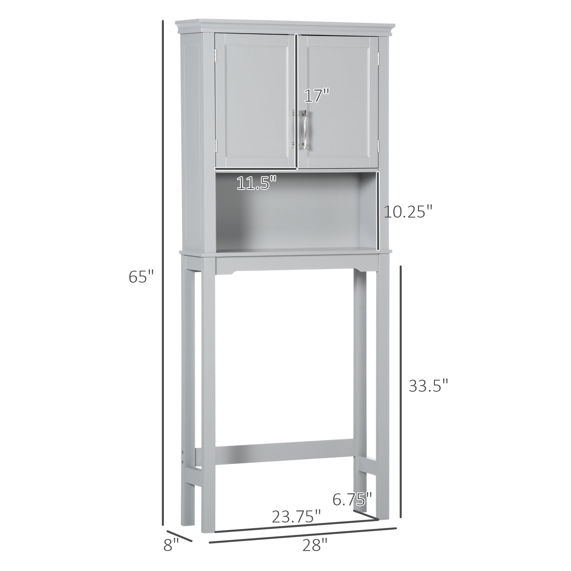 Modern Over The Toilet Storage Cabinet, Double Door Bathroom Organizer with Inner Adjustable Shelf and Open Shelf, Gray