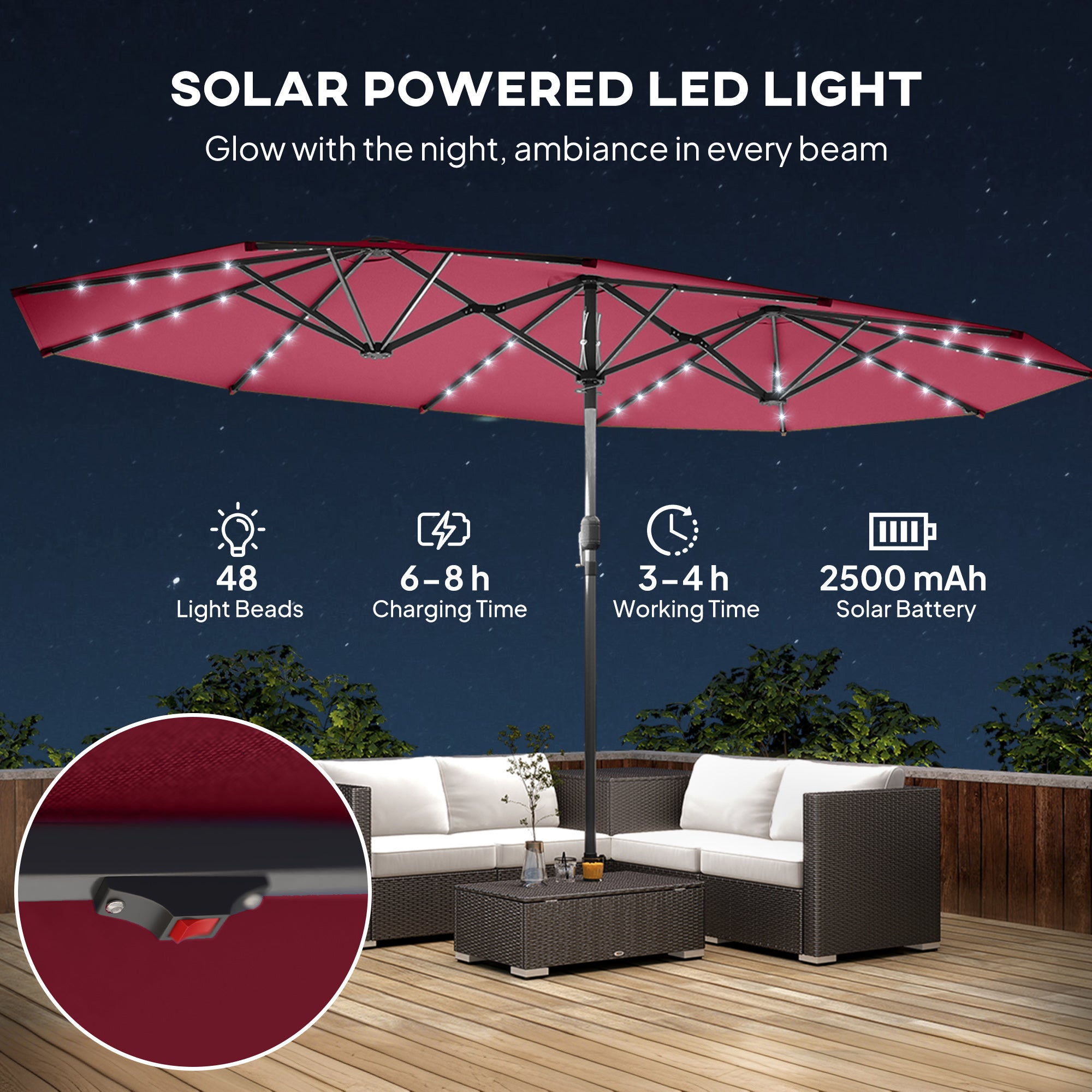 Garden Parasol, Double-Sided Sun Umbrella with LED Solar Lights, Patio Parasol for Outdoor, Wine Red