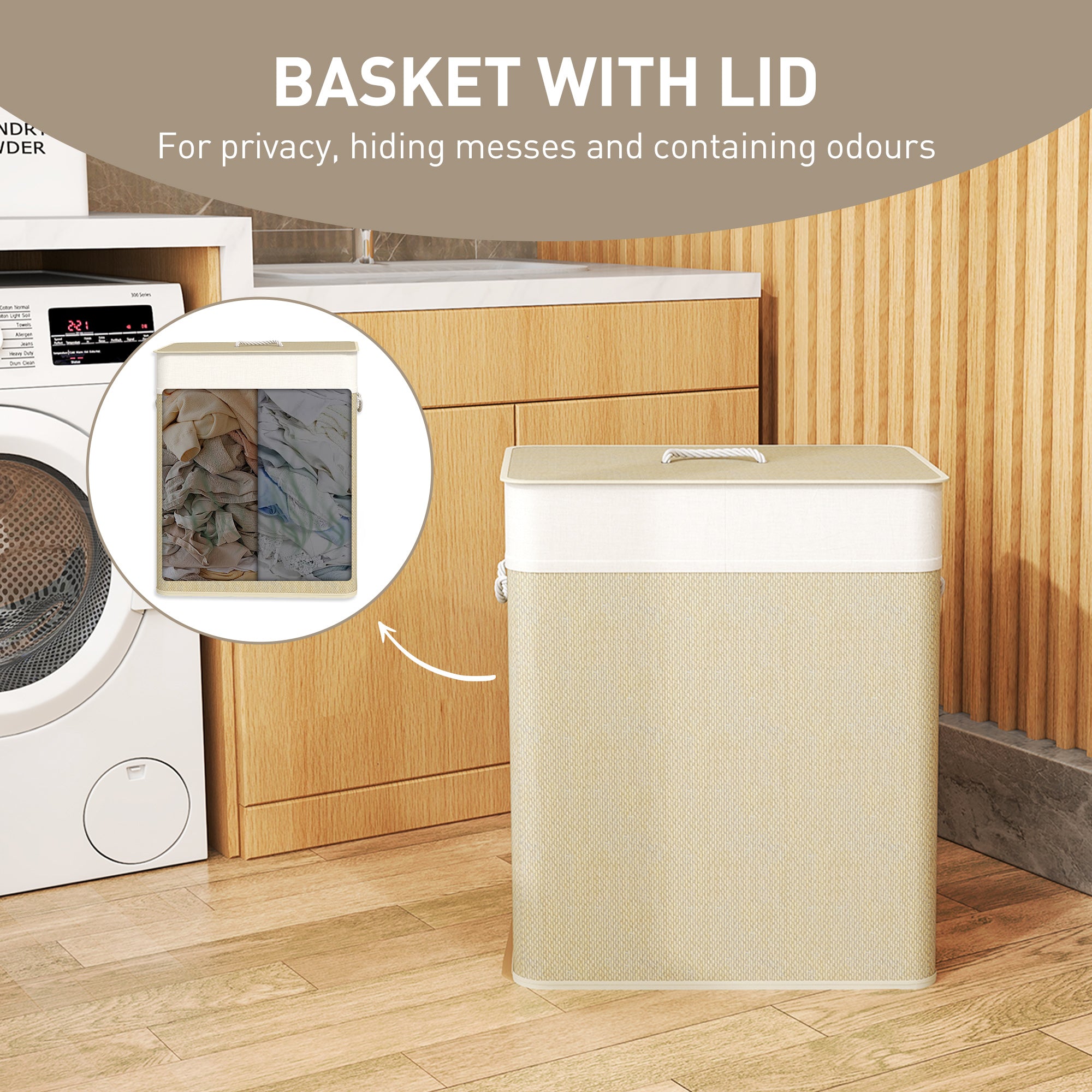 Double Laundry Basket with Lid, 26.4 Gallon Bamboo Laundry Hamper with Rope Handles and Removable Liner, Natural