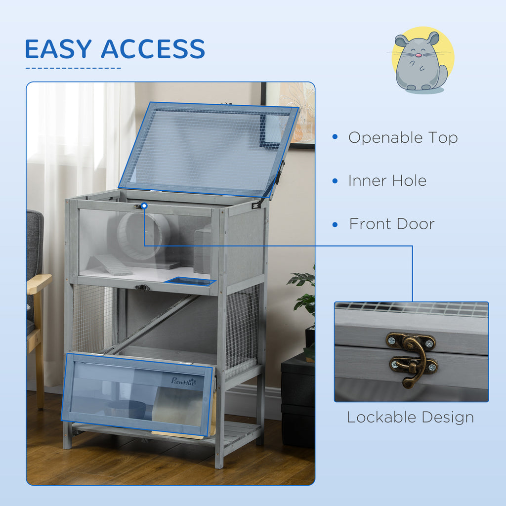 Wooden Hamster Cage with Storage Shelf, Large Rat Mouse Habitat Including Seesaw, Small Animal Cage with Sliding Tray, Wide Ramp for Racing, Running Wheel, 35.5" H