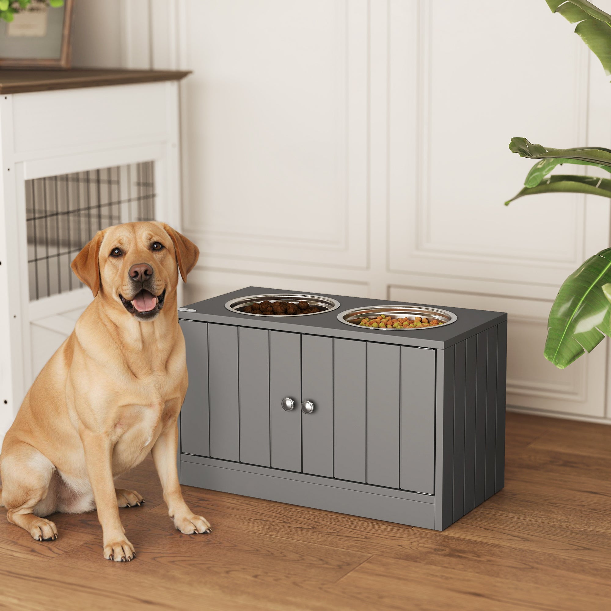 Elevated Dog Bowls with Storage Cabinet Containing Large 44L Capacity, Gray