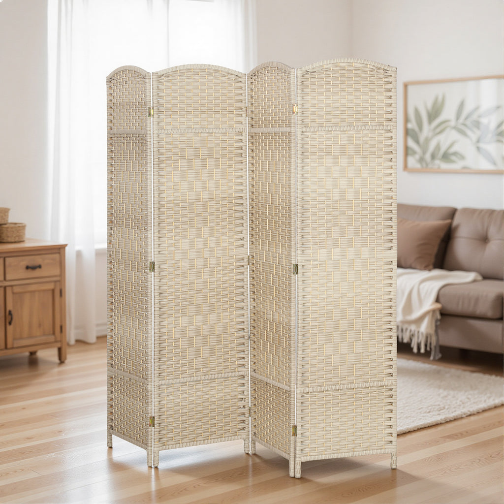 Folding Room Divider Screen 4 Panel 6' Tall Privacy Screen Freestanding Wood Partition for Home Office, Washed Oak