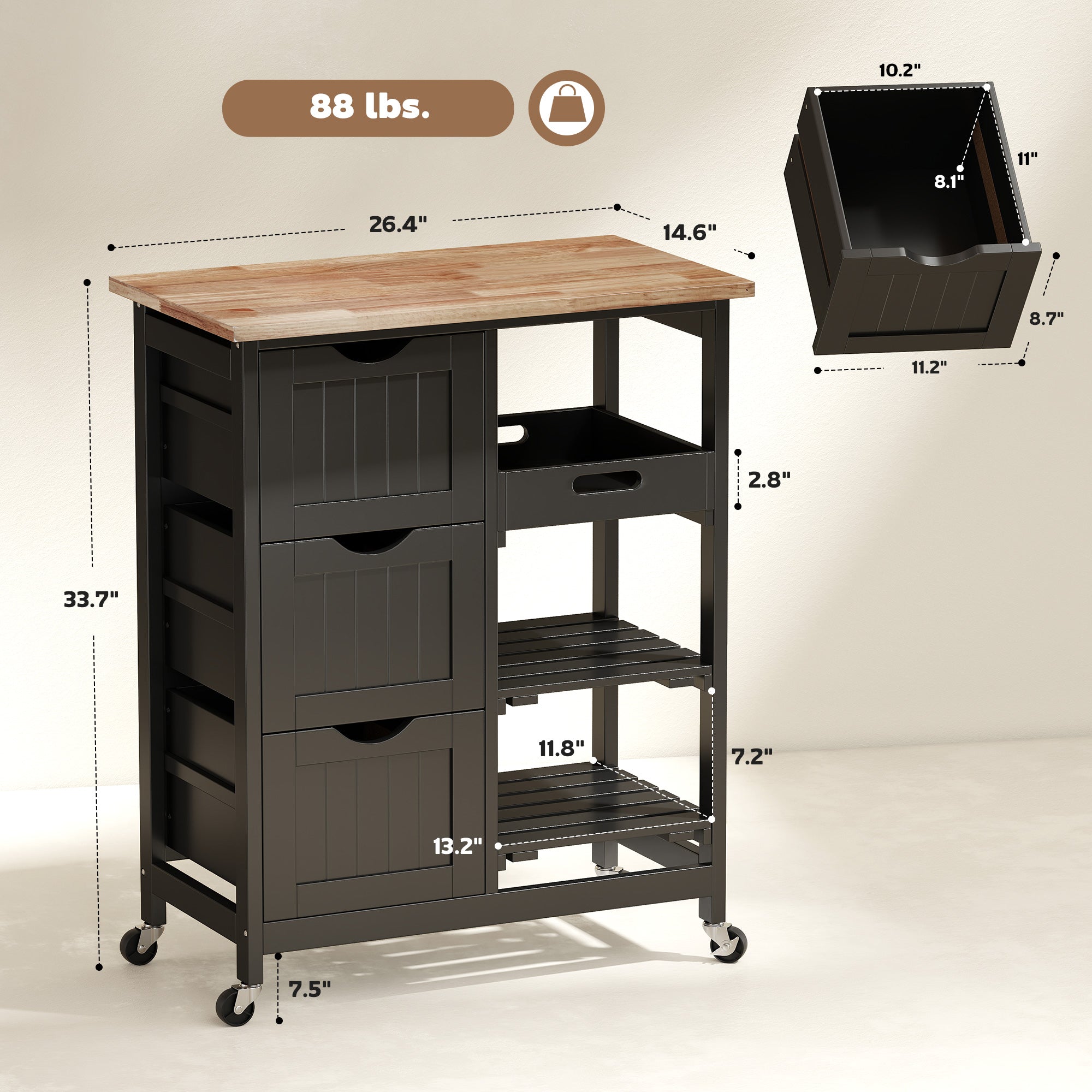 Rolling Kitchen Cart, Kitchen Island with Wood Top, Shelves & Drawers for Dining Area, Black