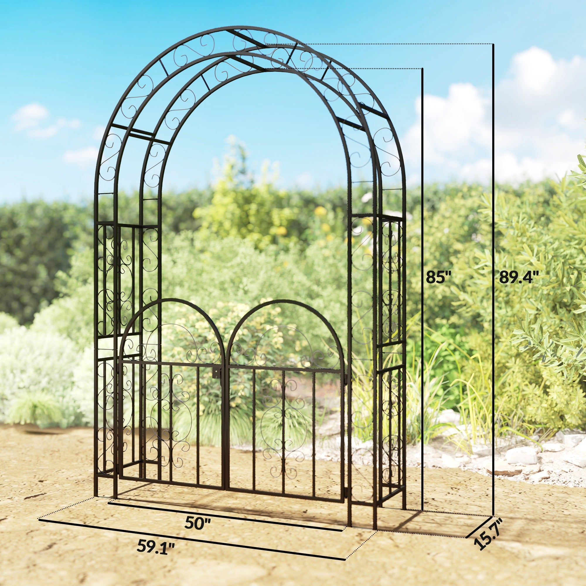 7.4ft Steel Garden Arch with Gate, Garden Arbor Trellis for Climbing Plants, Roses, Vines, Wedding Arch Stand for Outdoor, Garden, Lawn, Backyard, Black