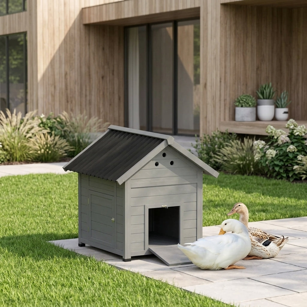 Duck Coop, Wooden Duck House with Openable Roof & Double Doors, Light Gray