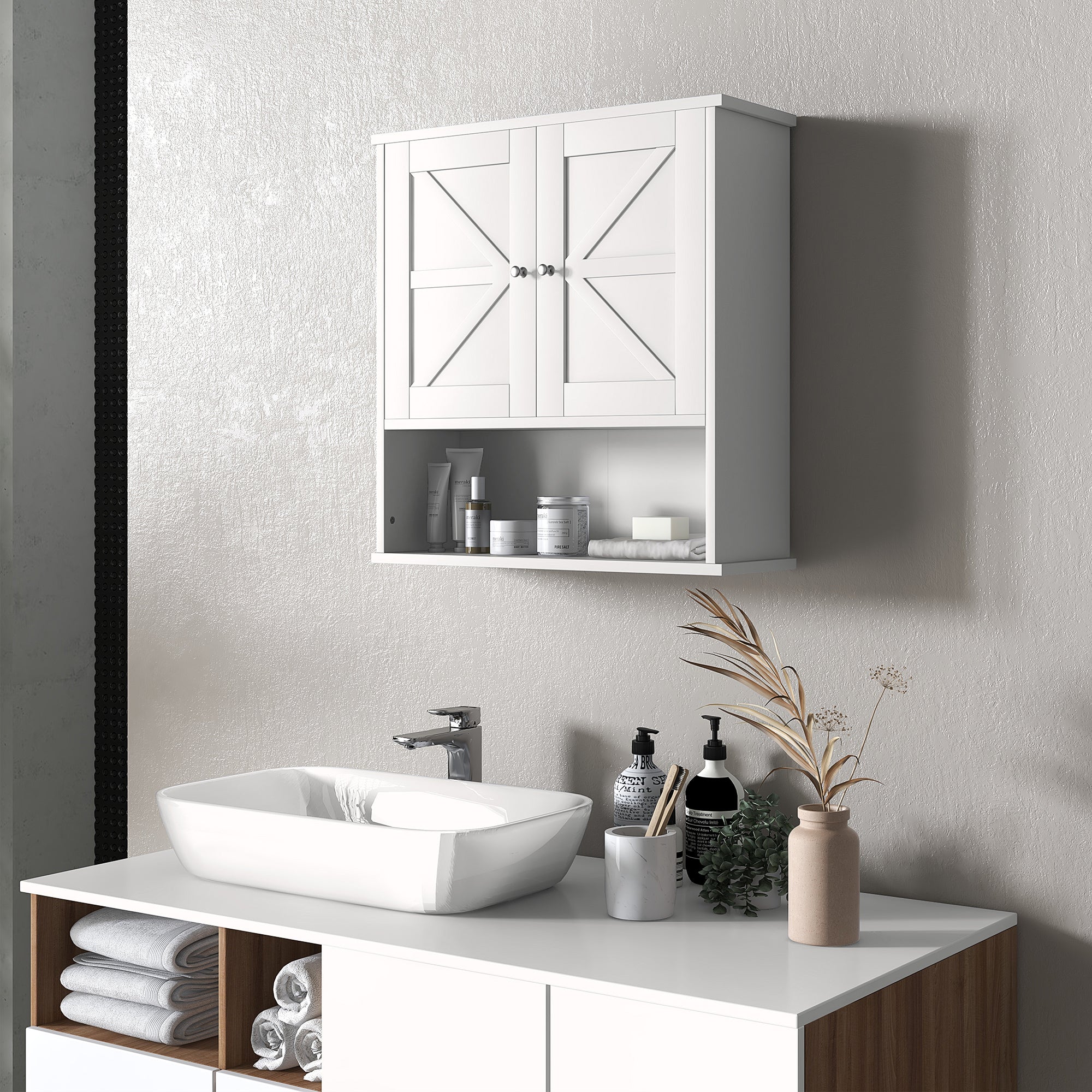Farmhouse Bathroom Medicine Cabinet, Wall Cabinet with Barn Doors and Adjustable Shelf for Laundry Room, White