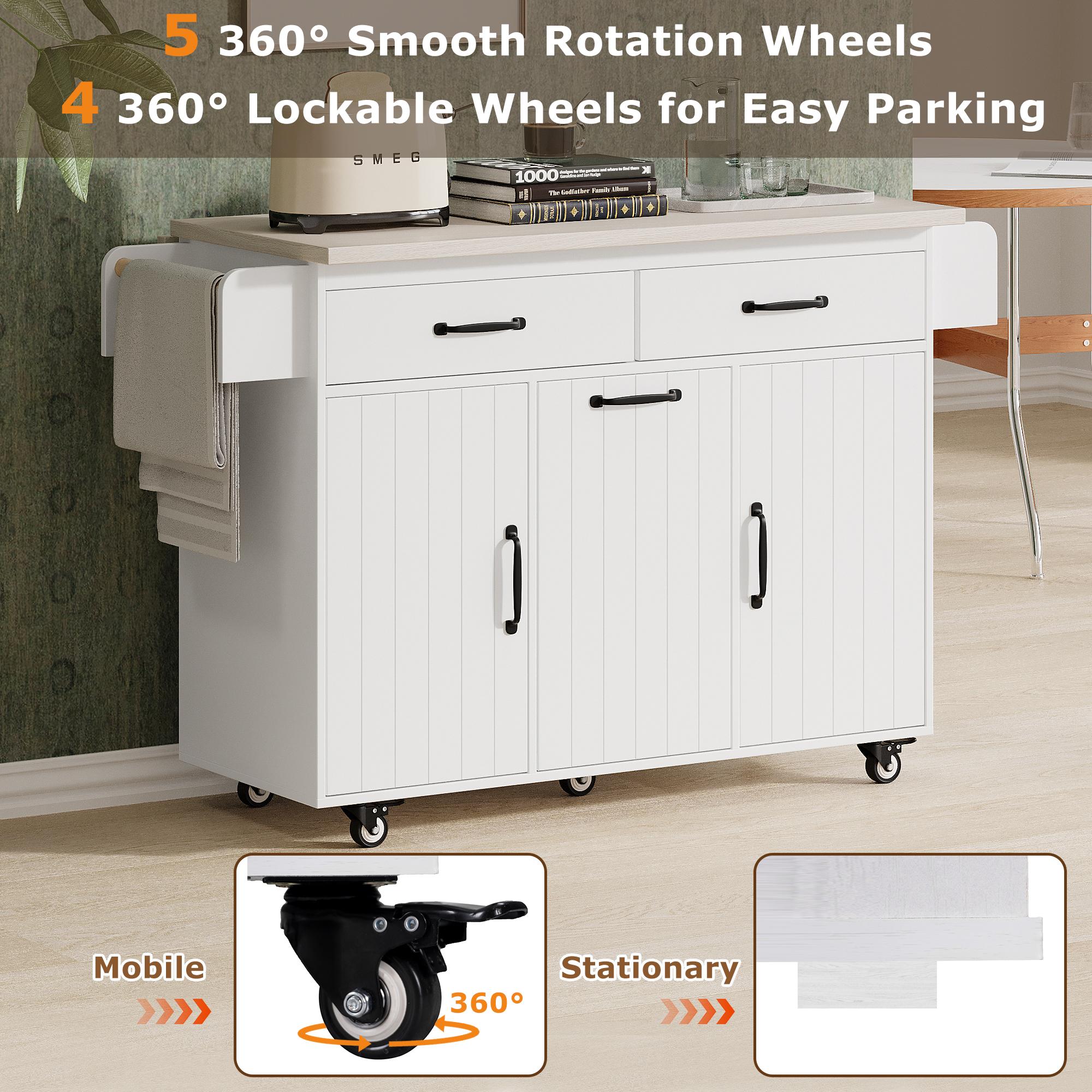 Kitchen Island with Trash Can Storage, Drop Leaf, Spice and Towel Rack, Adjustable Shelf, Utility Cart on Wheels, 51" L x 31.5" W x 35" H, White