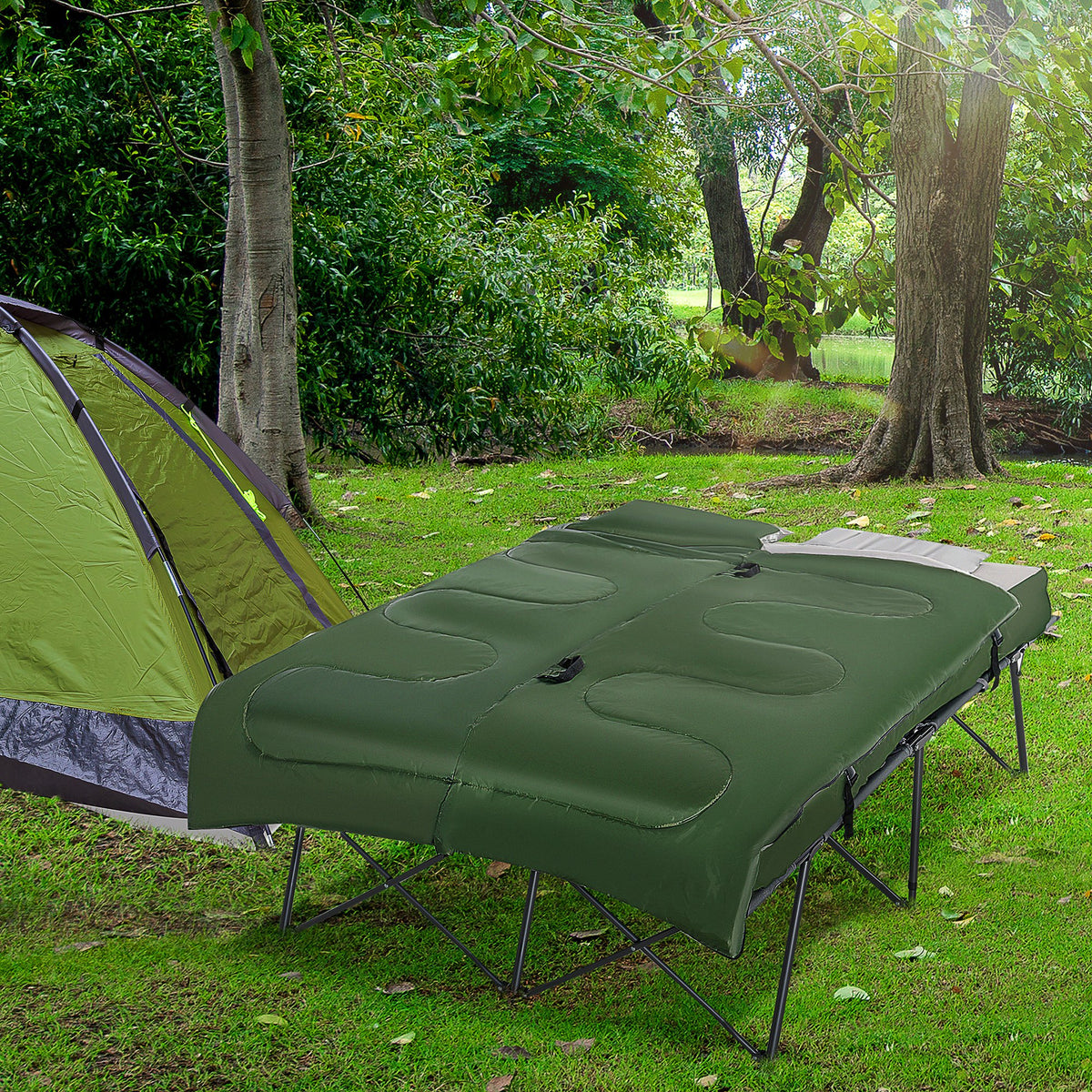 2-Person Folding Camping Cot Portable Outdoor Bed Set with Sleeping Bag, Inflatable Air Mattress, Comfort Pillows and Carry Bag, Soft and Comfortable for Outdoor Travel Camp Beach Vacation
