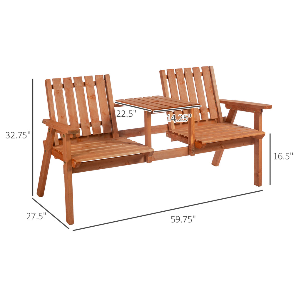 Patio Bench, Garden Bench with Middle Table and Umbrella Hole, Wooden Outdoor Bench for Patio, Porch, Poolside, Balcony, Orange