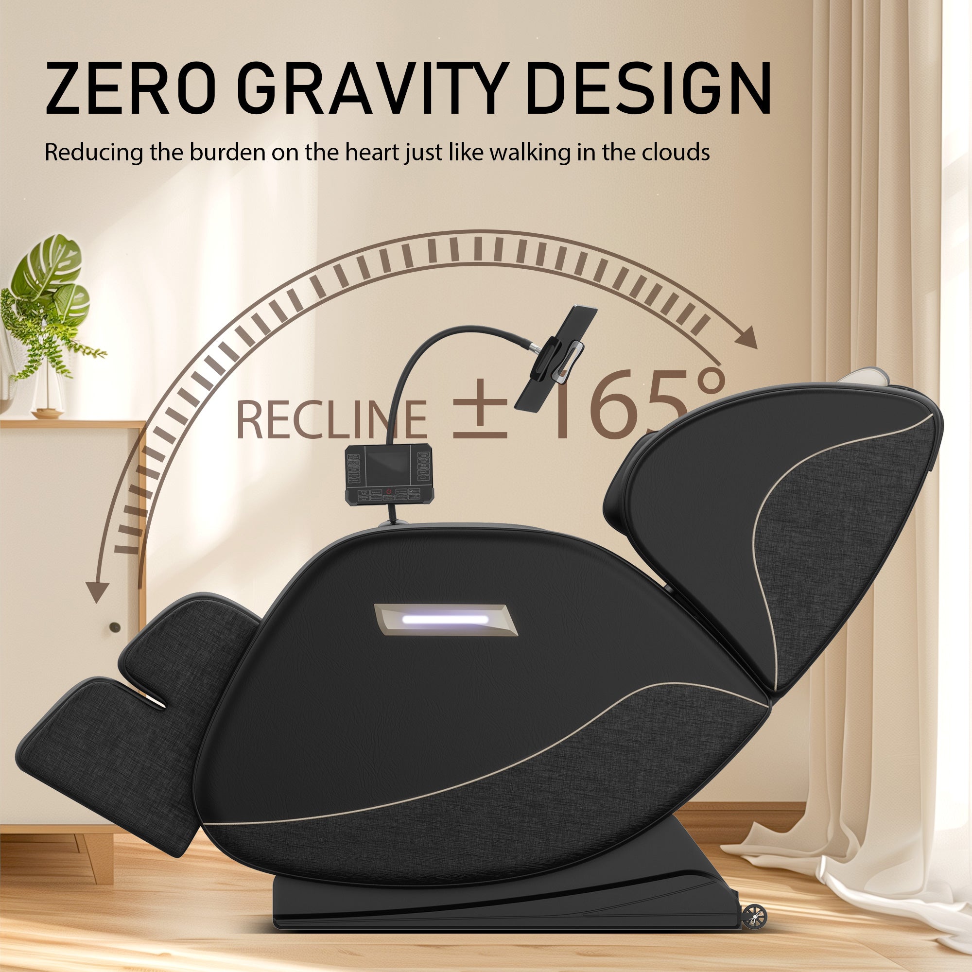 Zero Gravity Massage Recliner with Heating Functions, Full Body Air Pressure, Bluetooth Audio, Adjustable Footrest, 51.5" L x 28" W x 39" H, Black