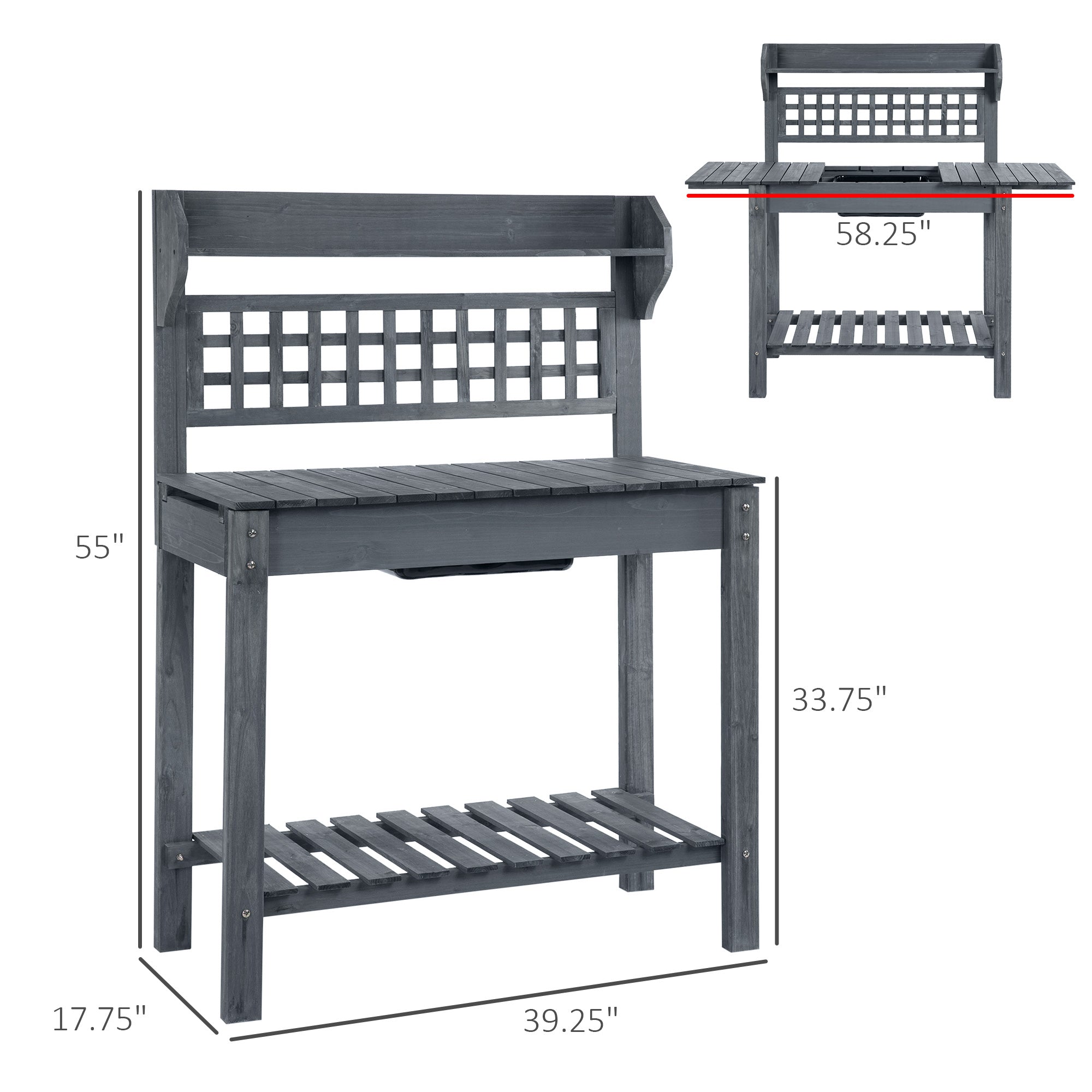 39'' Wooden Garden Potting Bench Work Table with Hidden Storage, Sliding Tabletop, Below Clapboard, Upper Shelf, Gray