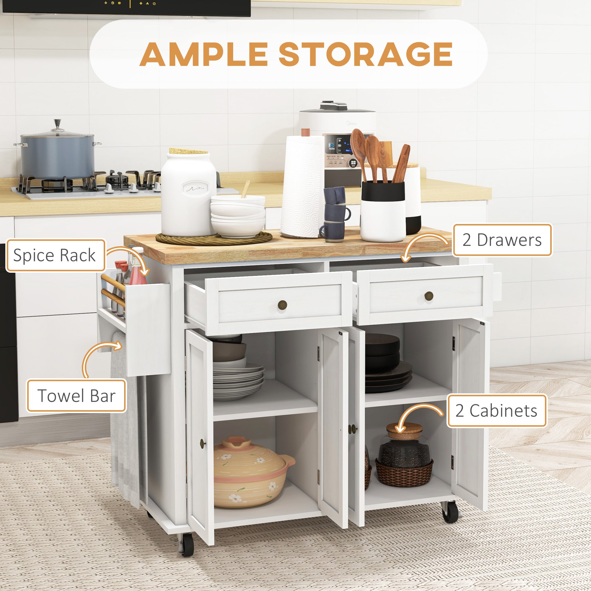 Modern Rolling Kitchen Island Cart with Spice Rack, Distressed White