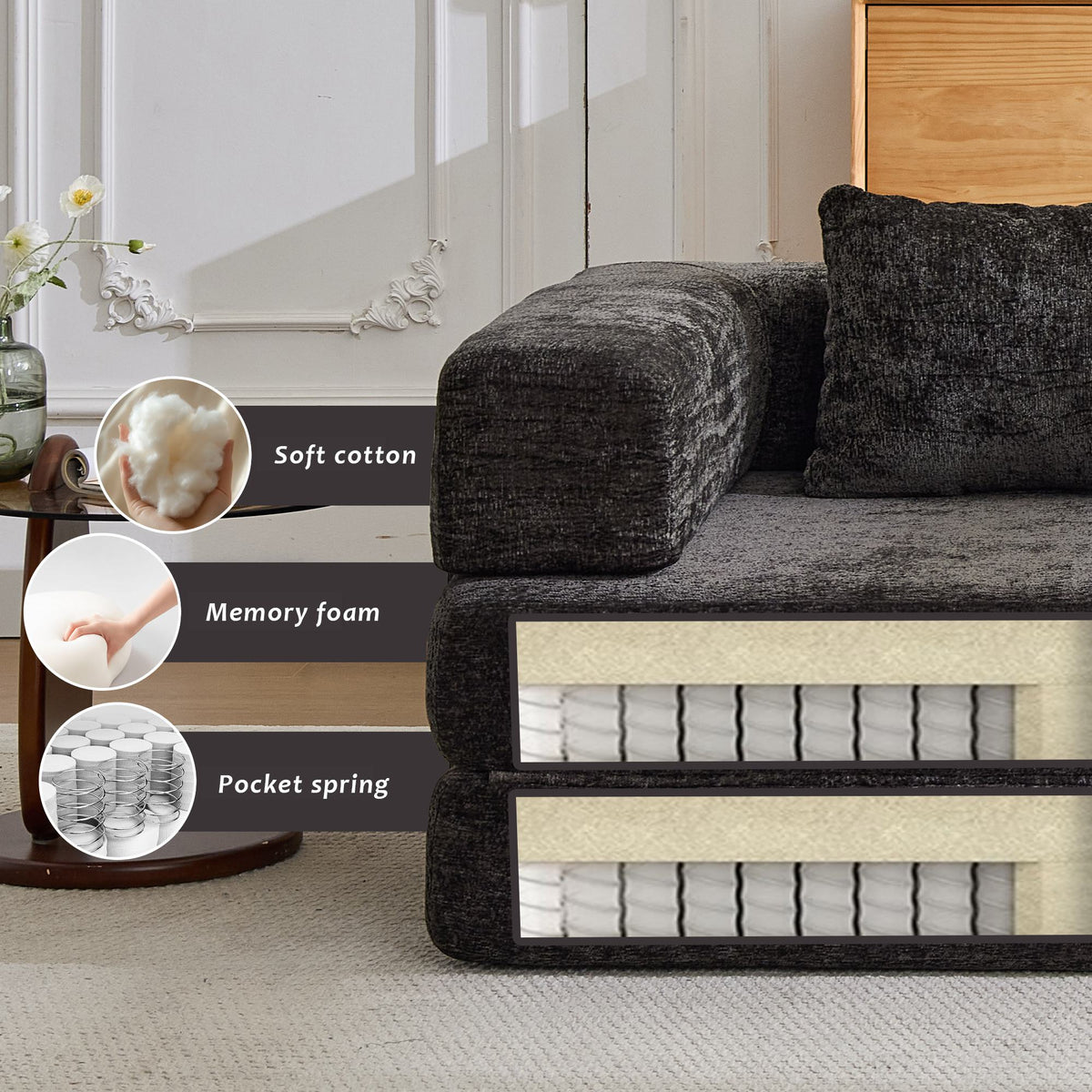 Convertible Sofa Bed Floor Sofa with Fixed-Shape Frame, Chenille Fabric Loveseat Modular Sectional for Apartments, Compressed Sofa 79" L x 39.5" W x 25" H, Black