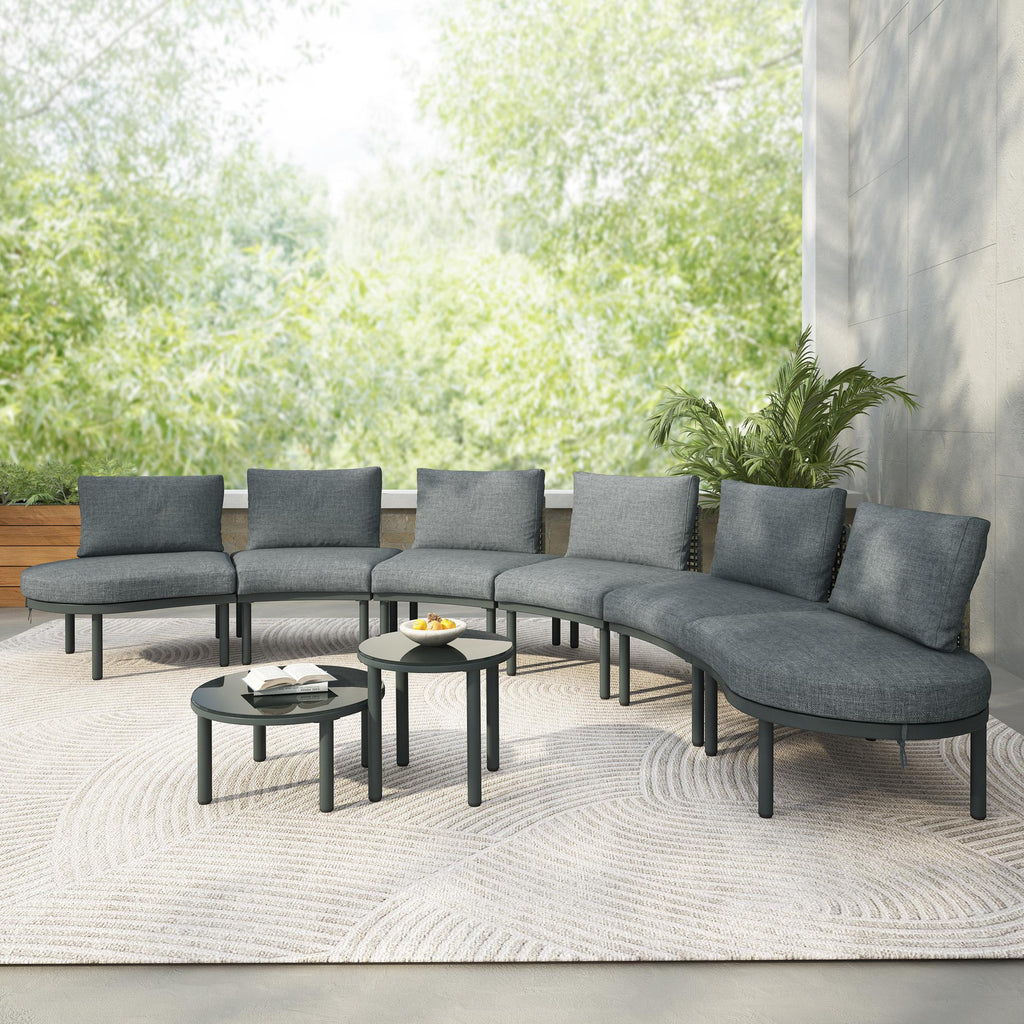 8-Piece Half Moon Sectional Sofa with 2 Coffee Table & Cushion, PE Wicker Patio Furniture for Backyard, 34.5'' L x 25.5'' W x 12.5'' H, Gray