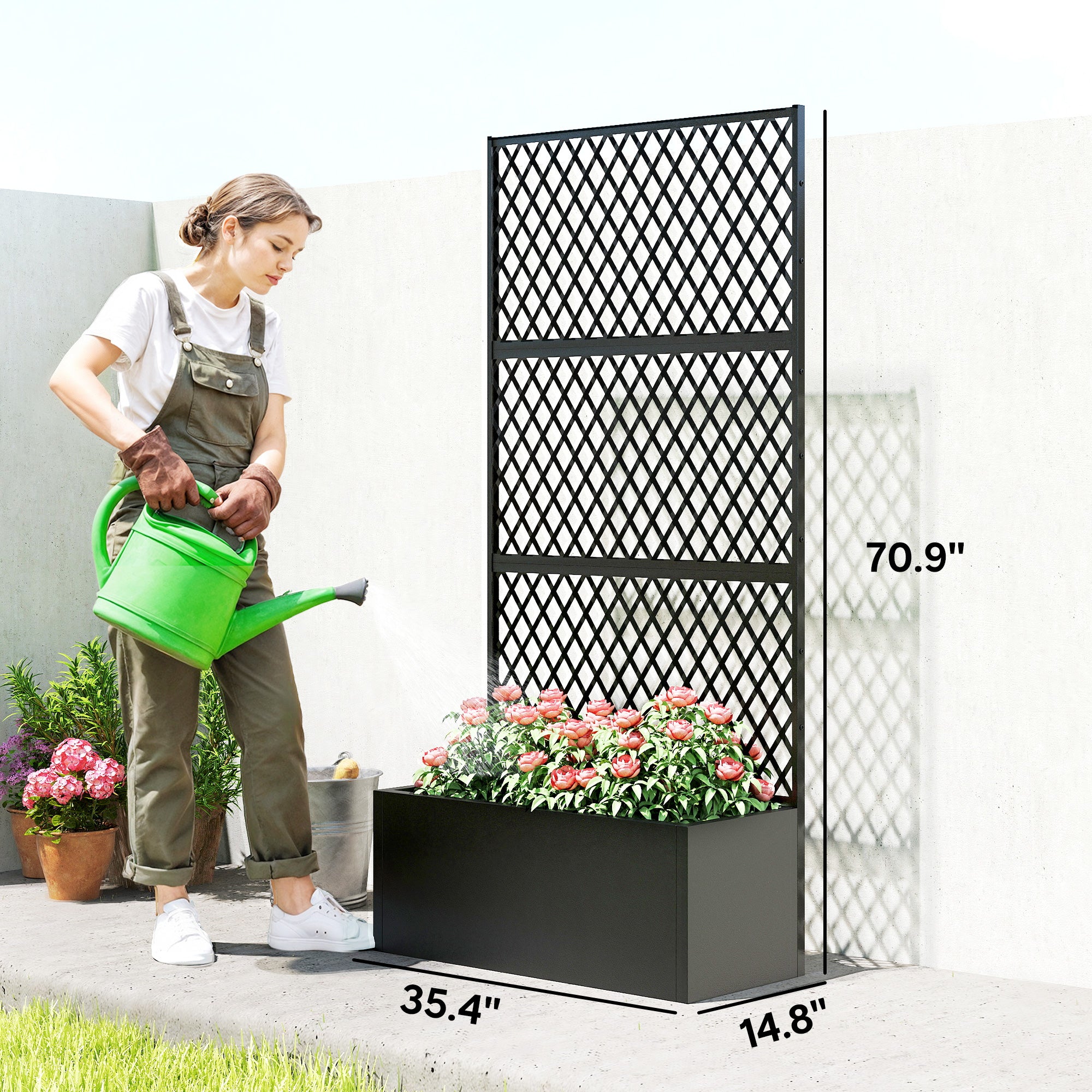 Metal Planter Box with Trellis, Raised Garden Bed with Trellis, Diamond Lattice Privacy Planter for Climbing Plants