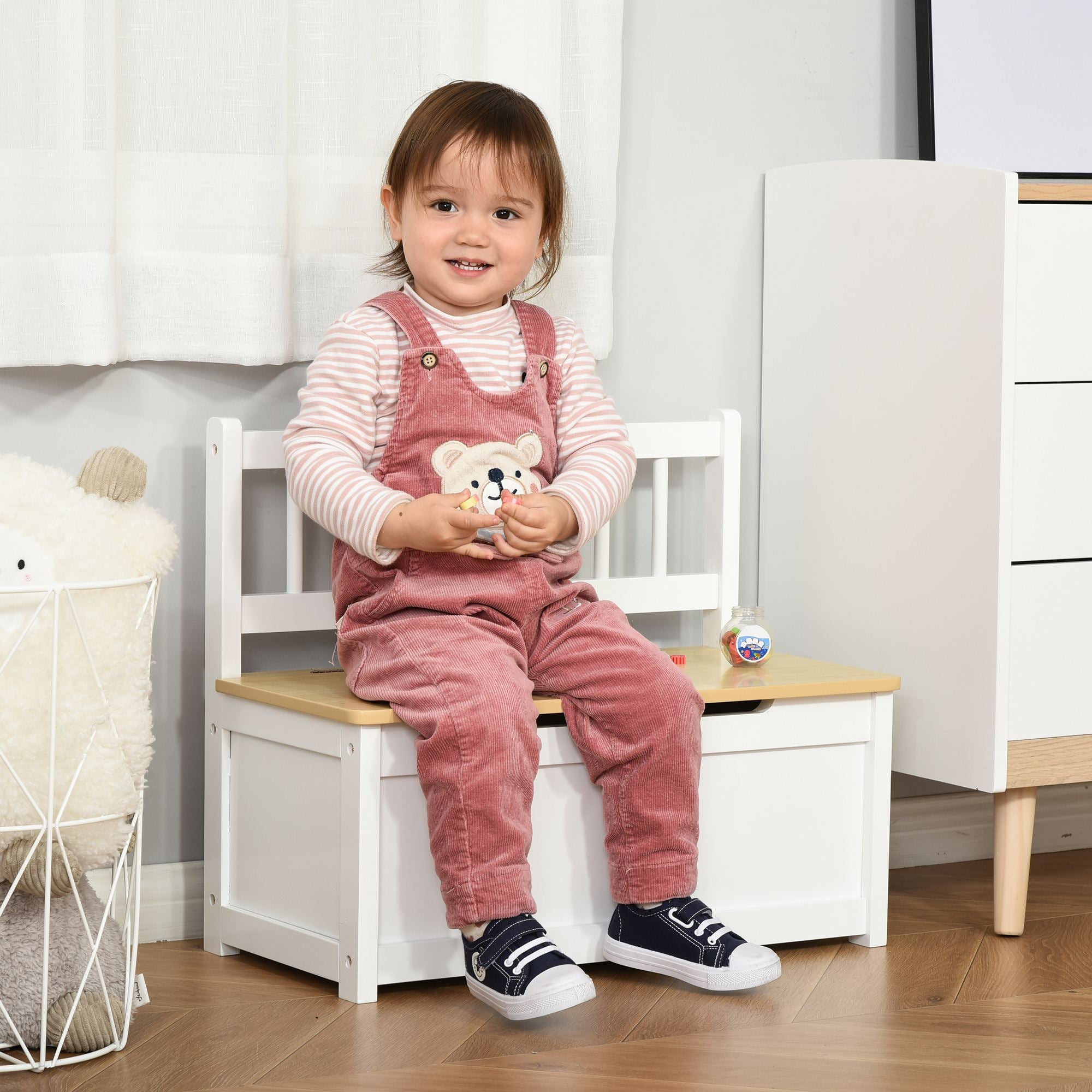 2-in-1 Kids Wooden Toy Organizer Chest Storage Box with Seat Bench Cabinet Chunk Cube with Safety Pneumatic Rod White