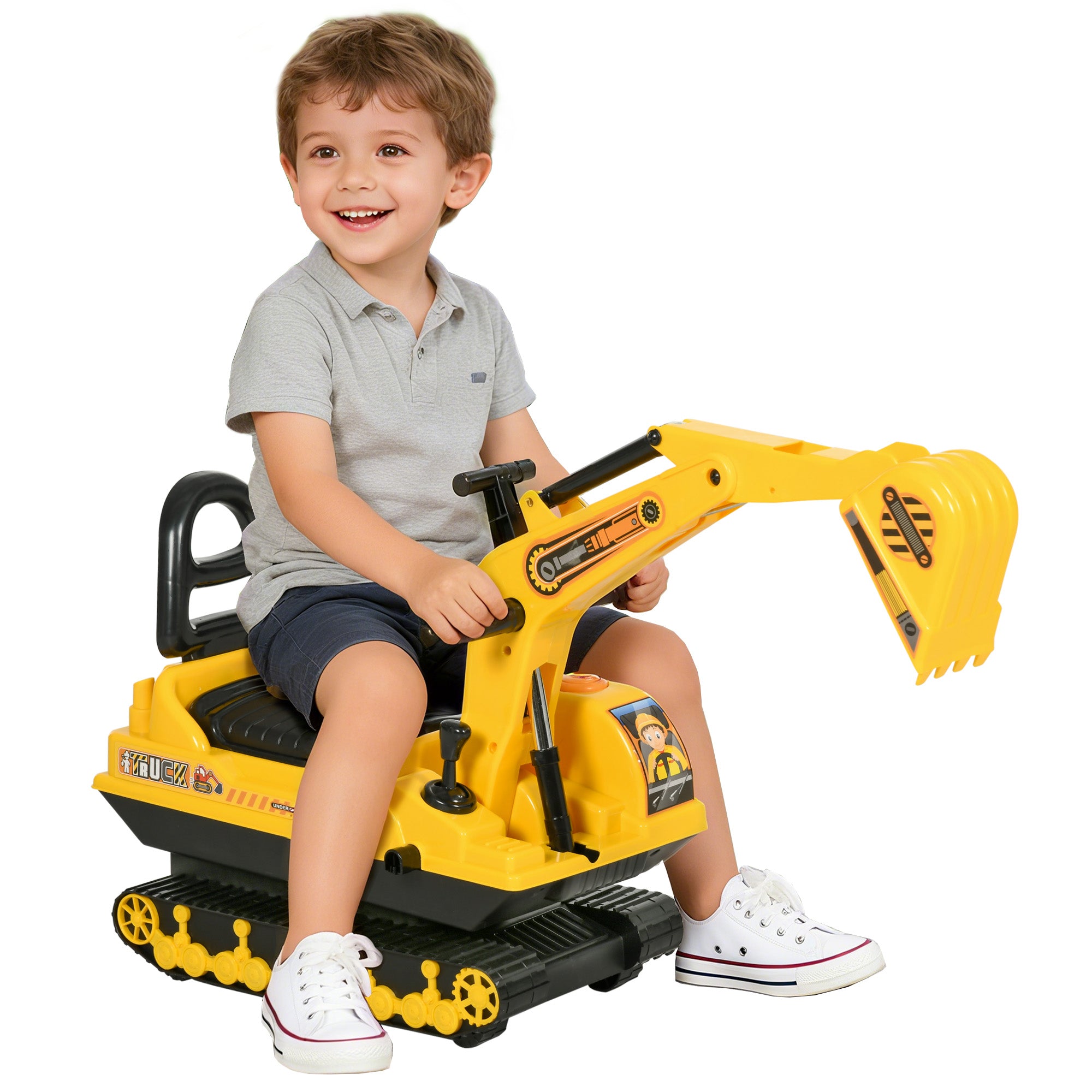 No Power Ride On Excavator Toy Tractors Digger Movable Scooter Walker Pretend Play Toddler Construction Truck Basket Storage For Boys Girls 18-48 Months Yellow Black