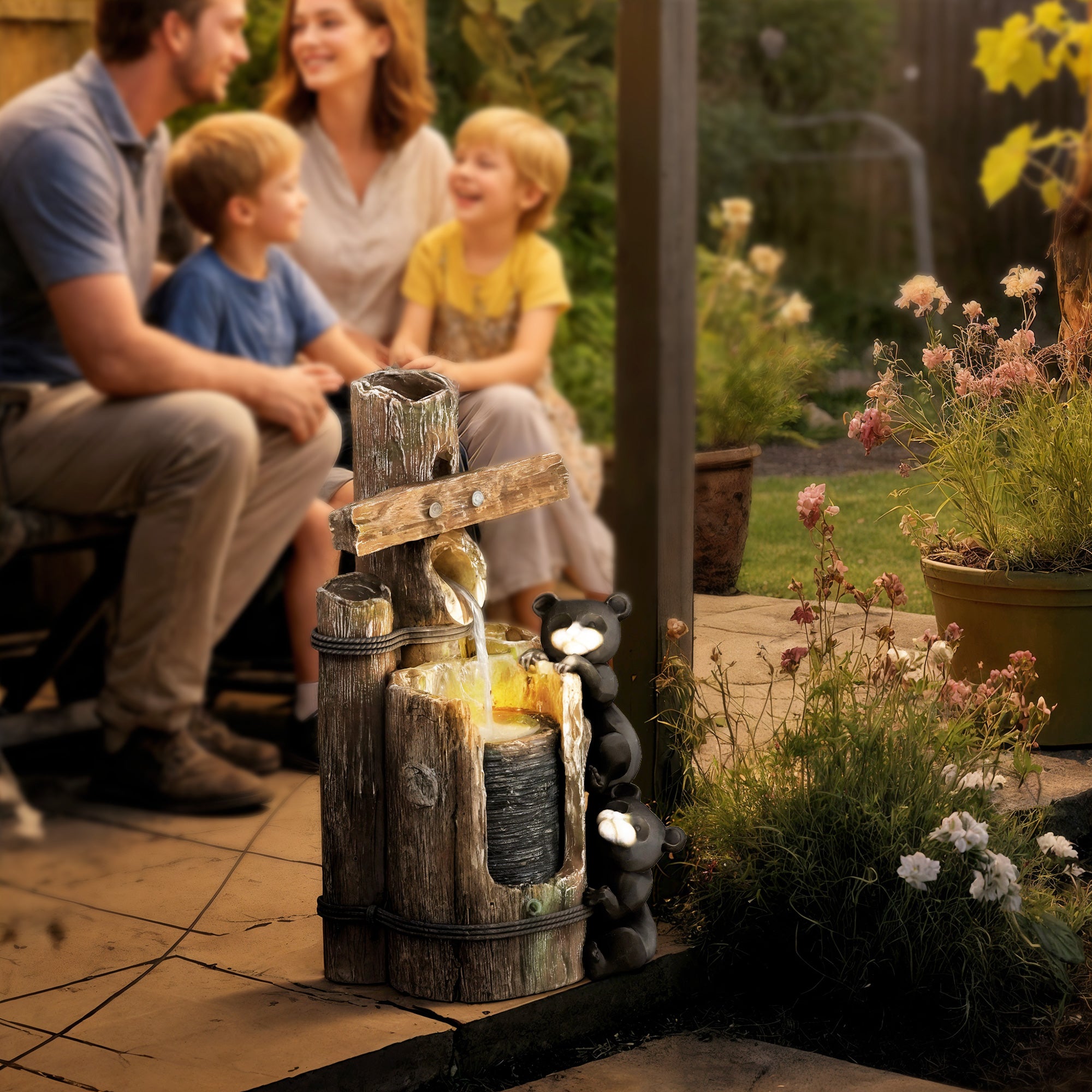 22.8" Water Fountain, 3-Tier Resin Bears on Log Outdoor Waterfall Fountain with LED Lights, Pump