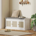 Shoe Storage Bench with Woven Rattan Doors, Shoe Bench with Cushion, Adjustable Shelves, Entryway Bench, White