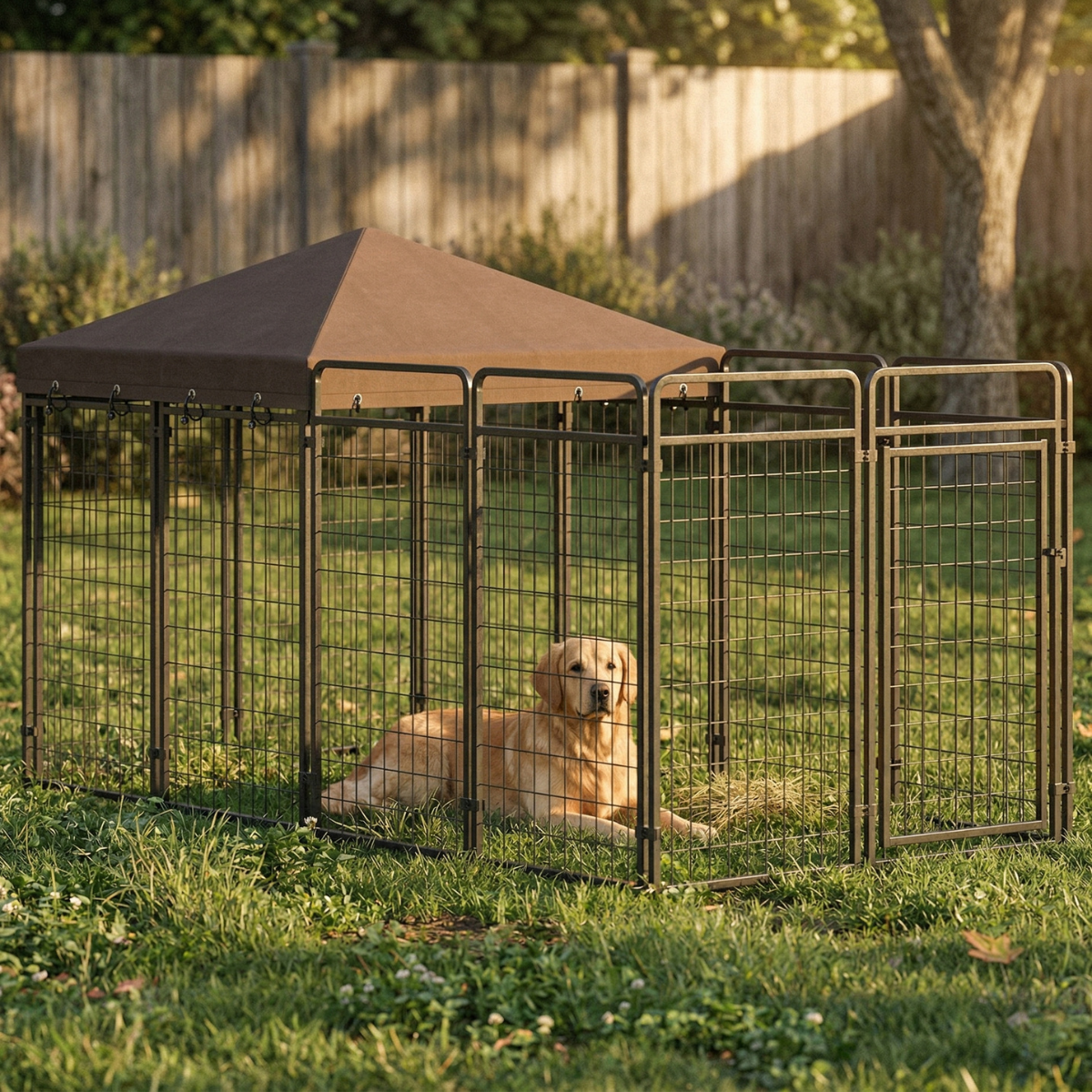 Dog Kennel Outdoor with Waterproof Canopy, Dog Run with Galvanized Chain Link, Secure Lock, for Backyard and Patio, Large and Medium Sized Breeds, Chickens, Ducks, 9.3' x 4.6' x 5.2'
