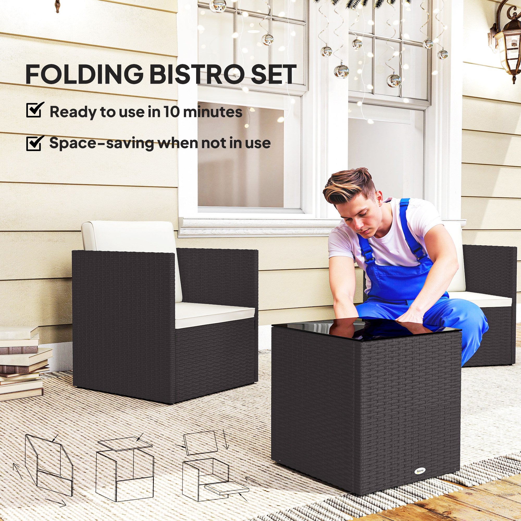 Folding Wicker Bistro Set, 3 Piece Patio Furniture Set with Cushions and Glass Coffee Table for Porch, Balcony, Brown