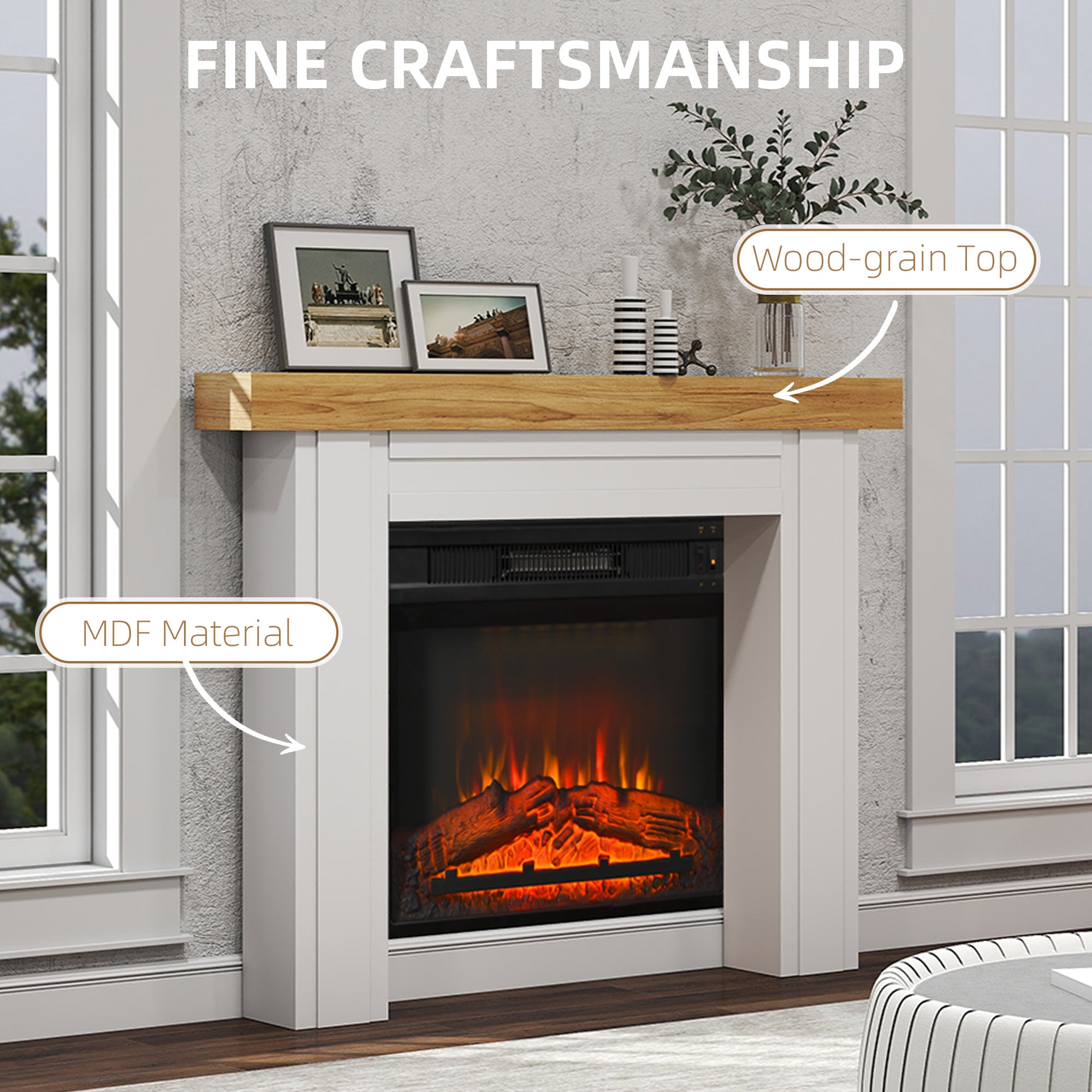 Modern Fireplace Mantel, Freestanding Fireplace Surround with Leg for Electric Fireplaces, 51.2" W x 40.6" H, Natural Wood